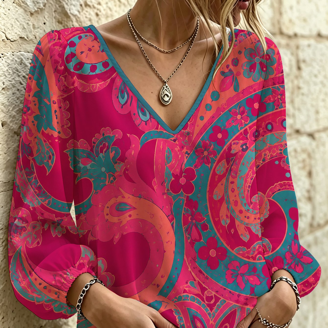 TEMU [digital Printing] Vibrant Pink Turquoise Paisley Ladies' Longsleeved Shirt Office Vacation Park Casual Wear