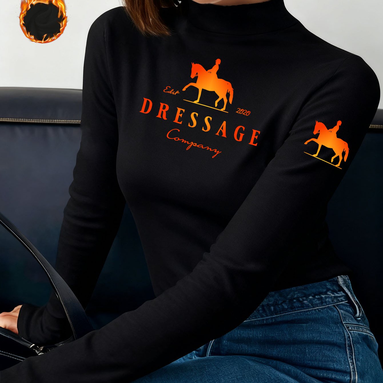 TEMU Women's Y2k Gradient Orange Equestrian Print Slim-fit Half-turtleneck Layering Piece - As A Or Underdresser, Suitable For Office & Cold Weather,