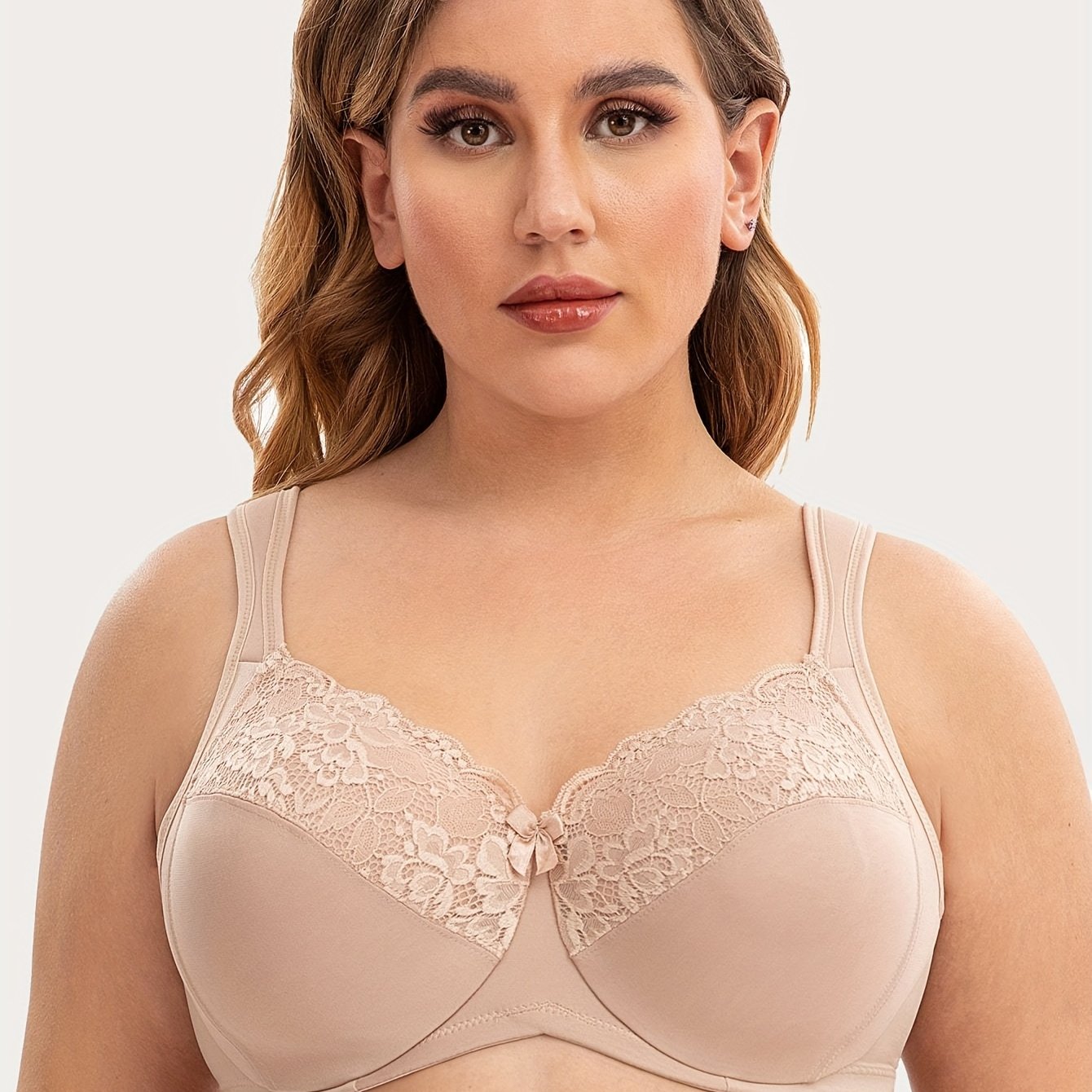 Women's Plus Elegant Bra, Plus Size Bow Decor Contrast Lace Full Cover Wide Strap Underwire Bra