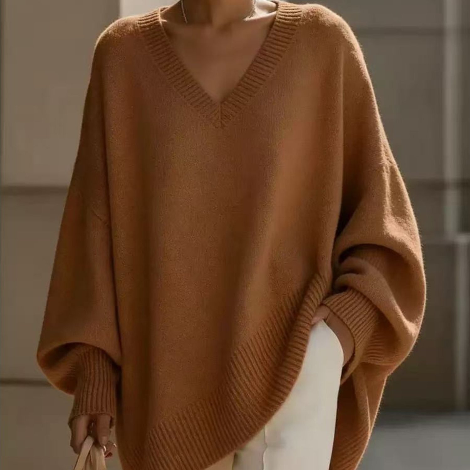 Lazy Style Deep V Batwing Sleeve Sweater Women Autumn Winter Loose Cover Hip Long Pullover Minimalist Solid Top For Outing