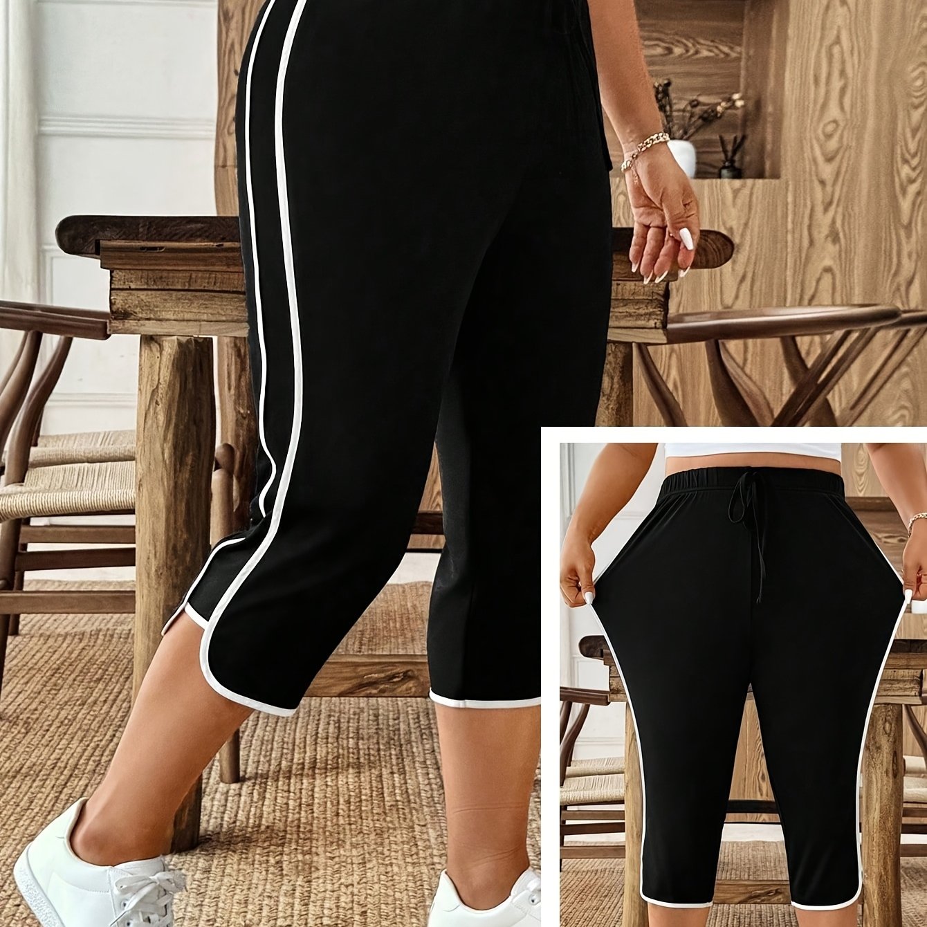 TEMU Women's Elegant Black And -block Fashion Drawstring Capri Pants, Street Style Casual