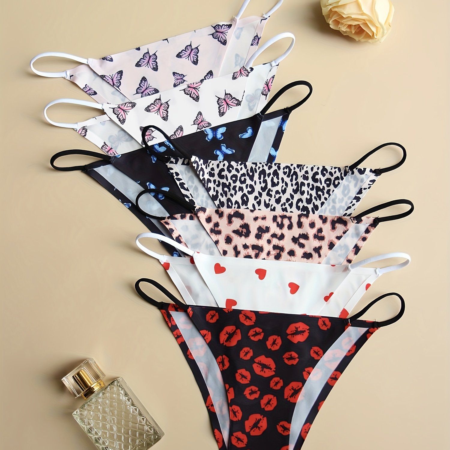 E-shop 7er-Pack Damen Bikini Slips mit schmallem Gürtel und niedriger Taille, bedrucktes Schmetterling-Liebe-Damen-Slip mit Tiermuster und
