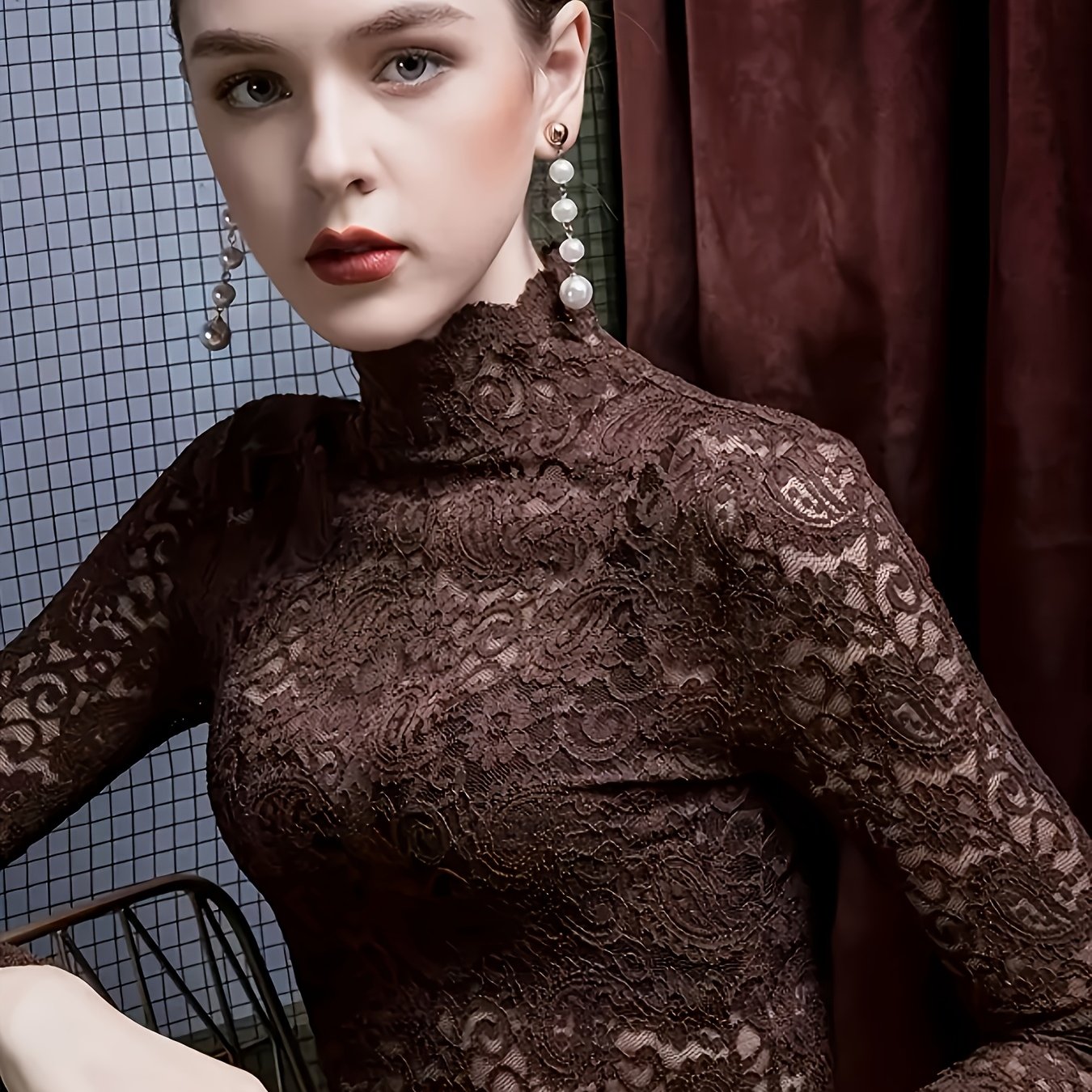 TEMU Women High Neck Full Lace Long Sleeve Top, Slim Fit Sheer Floral Lace Blouse, Elegant Layering Basic Shirt For Daily Party