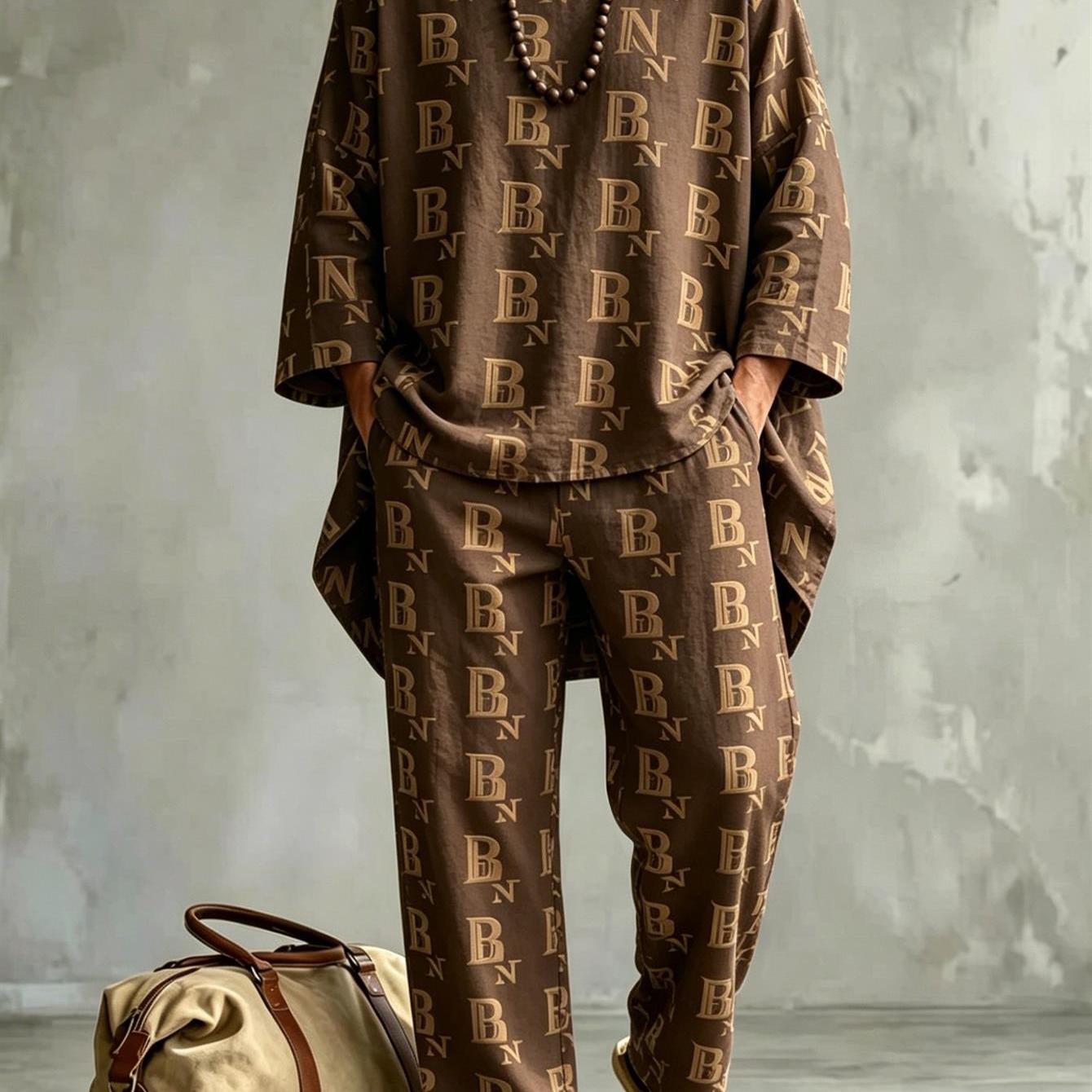 Plus Size Men's Fashion Style Trendy Letter Bn Graphic Two-piece Outfit For Adults Men Daily Wear Holiday Party