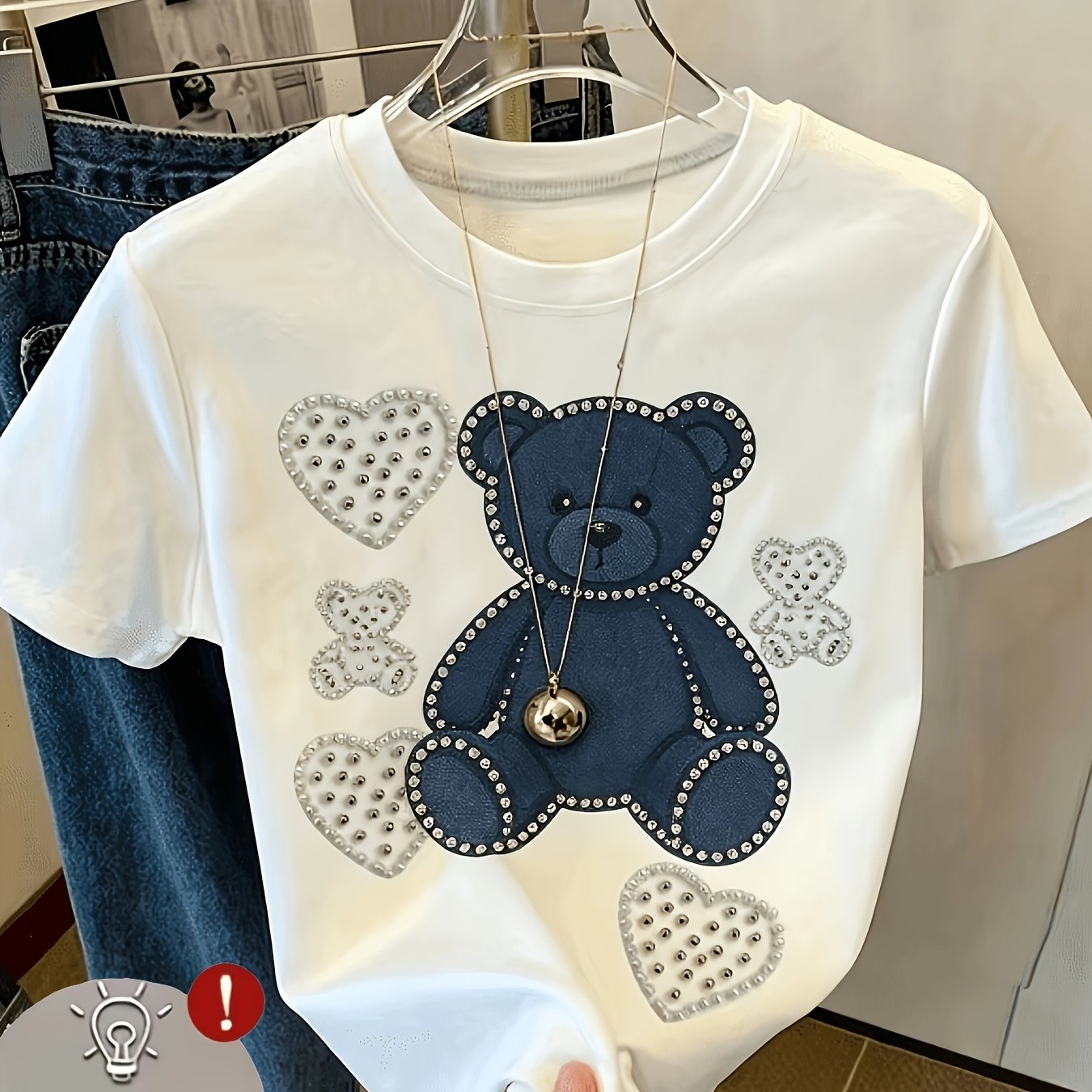 TEMU [2d Printed Design - Not Textured] Teddy Bear Printed T-shirt, Cute Sparkly Heart Graphic Tee, Women's Casual Top, Comfortable And Practical,