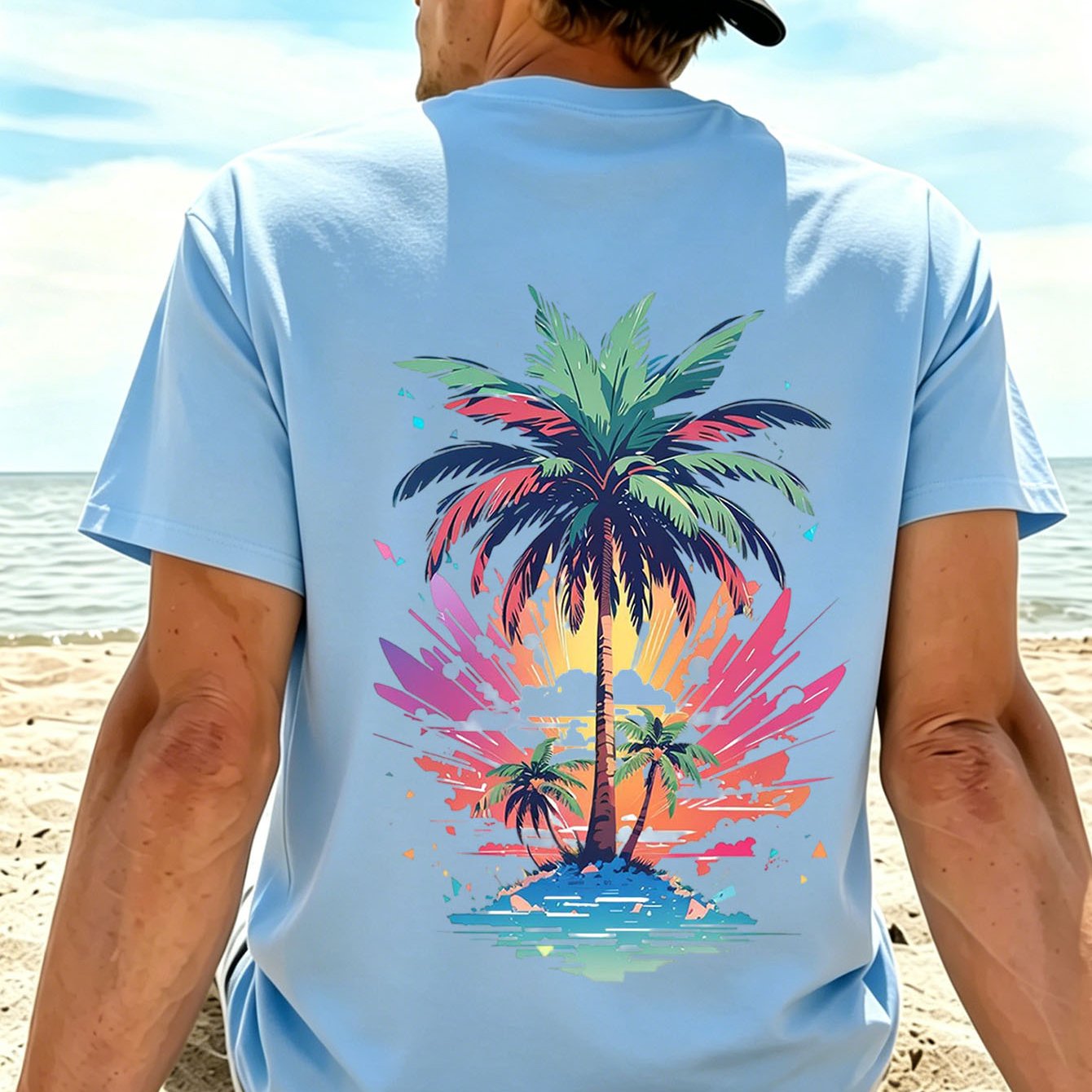 Men's Summer Palm Tree Graphic T-shirt Glow Print Oversized Crew Neck Short Sleeve Casual