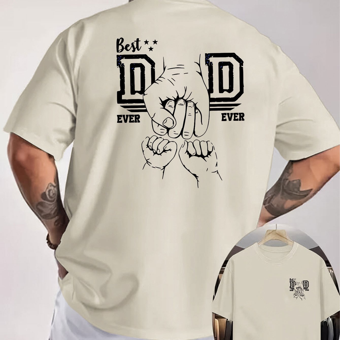 E-shop Best DAD EVER Herren-T-Shirt mit Vater-hält-Kind-Hand-in-Hand-Muster, doppelseitiger Druck, väterliche Zuneigung-Stil, bequemes vielseitiges