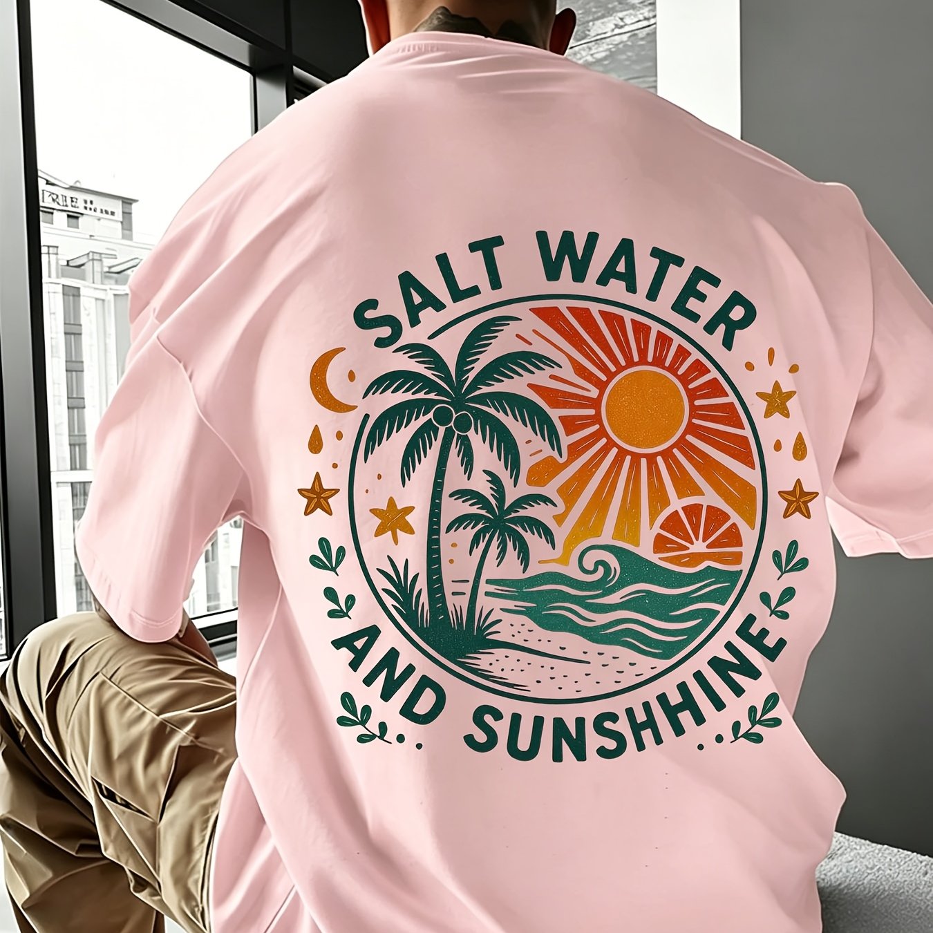 Men's Salt Water Sunshine Tee - Vintage Badge Palm Print -summer Beach White T-shirt - Sunset Wave Graphic Back - Casual Vacation Street Top