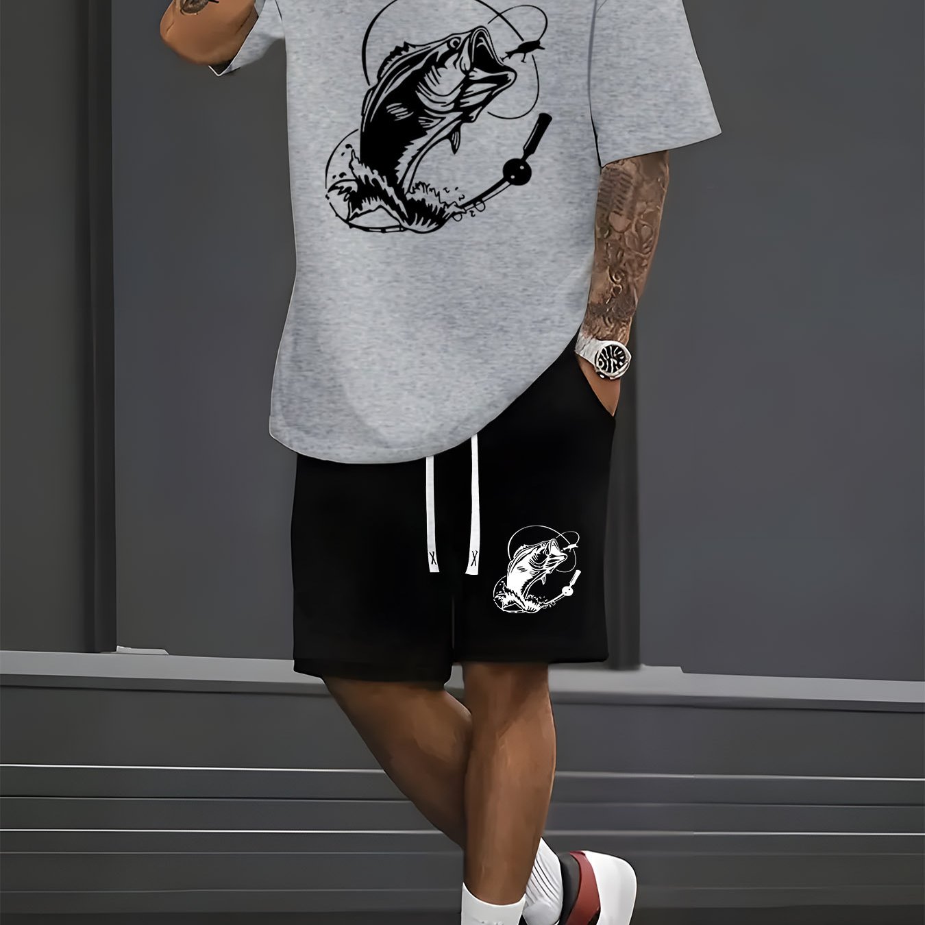 TEMU Dynamic Fishing Instant Print Men's Short Sleeve T-shirt And Waistband Shorts 2pcs Set, Casual Sports Regular Top And Pants Suit, Suitable For