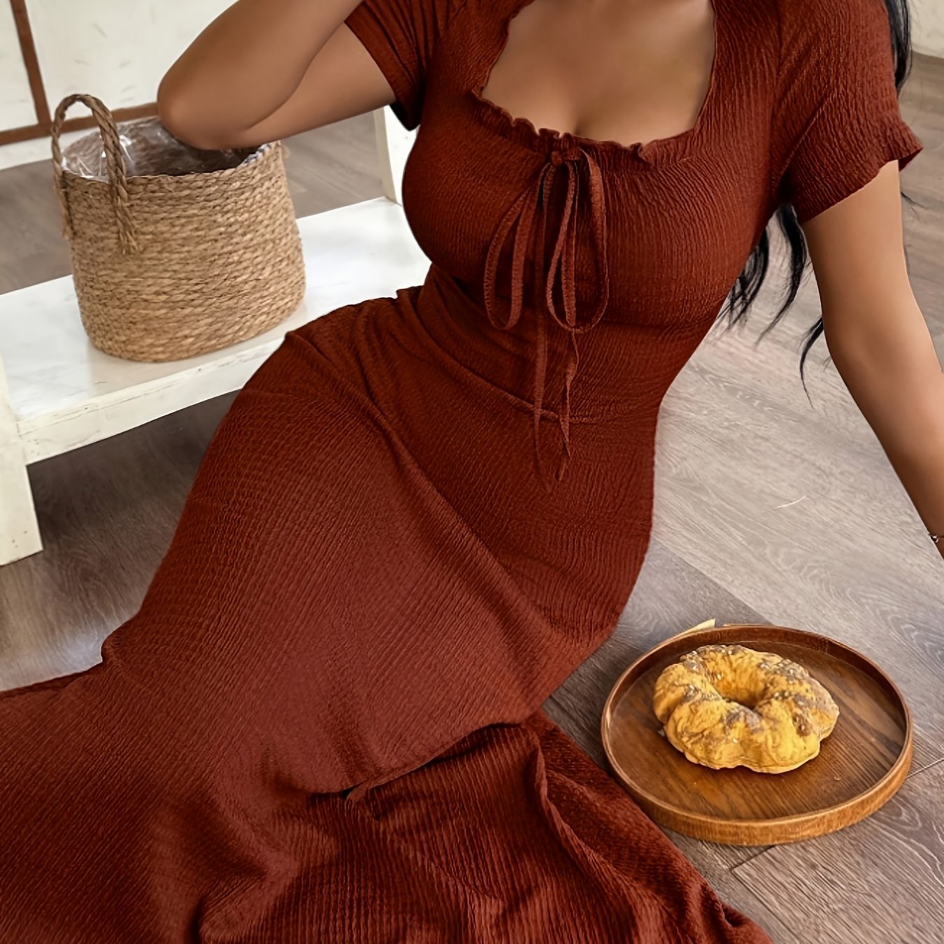 Image of Spring Summer Autumn New Solid Color Beautiful Women's Short Sleeve Square Neck Chest Shirred Bow Decor Waist-cinching Comfortable Dress Nightgown