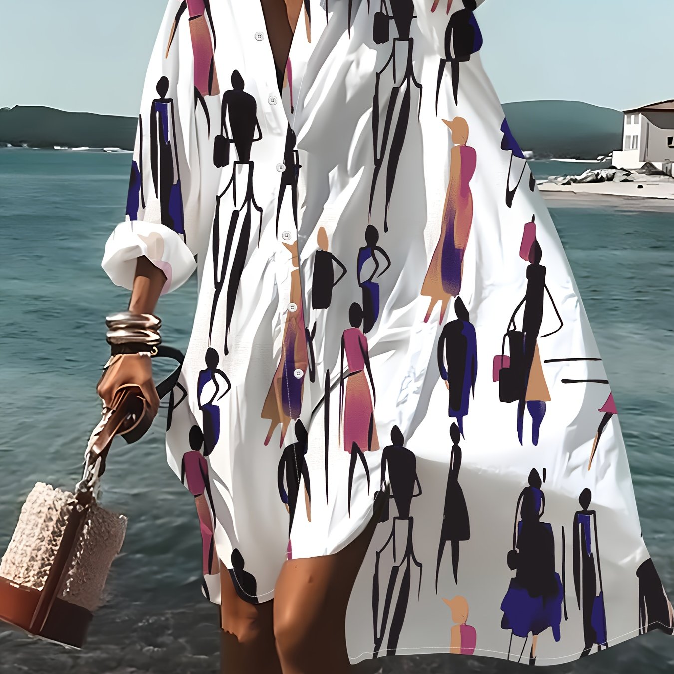 Qc Colorful Character Print Long Sleeve Shirt Dress