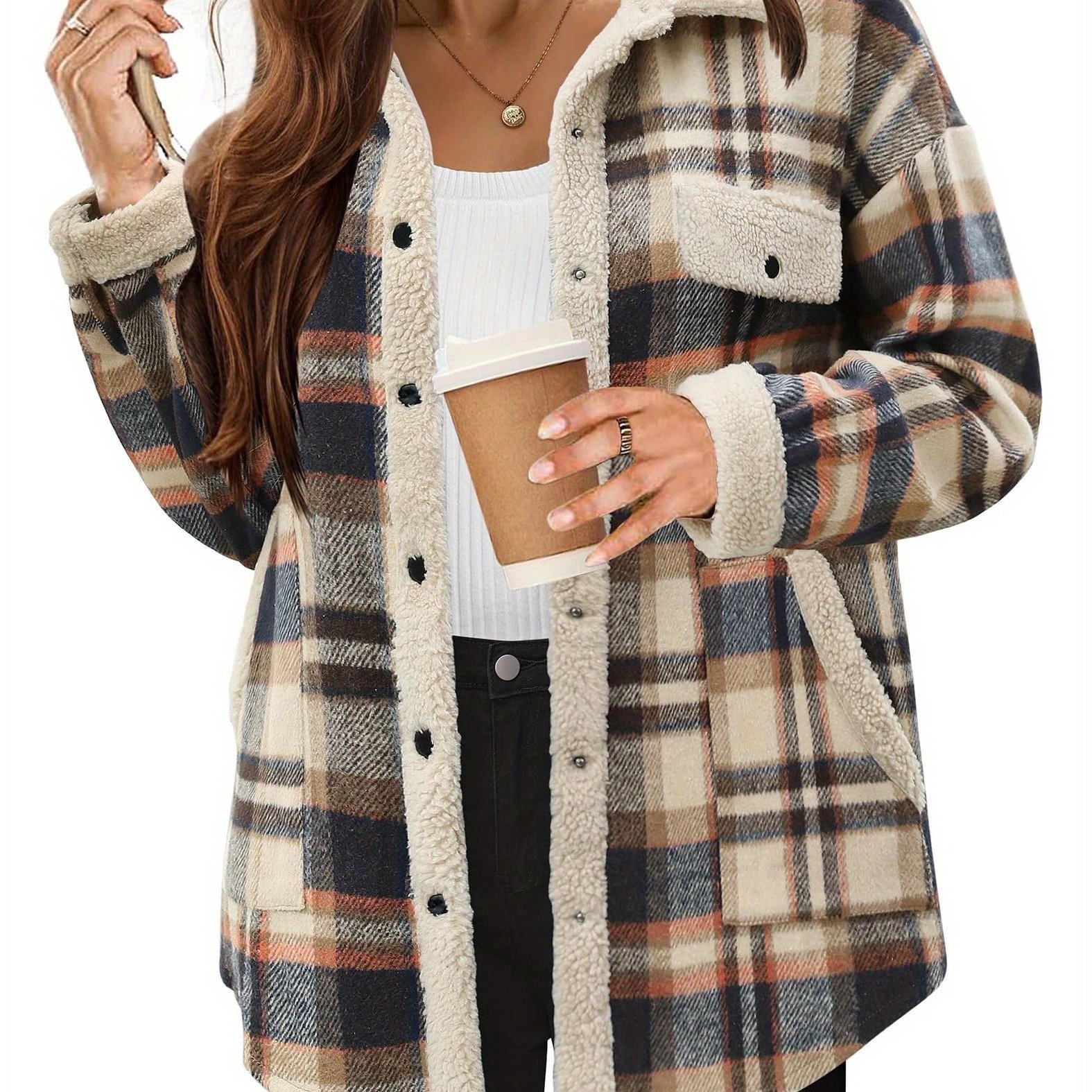 womens flannel jacket cozy long sleeve button shacket Temu