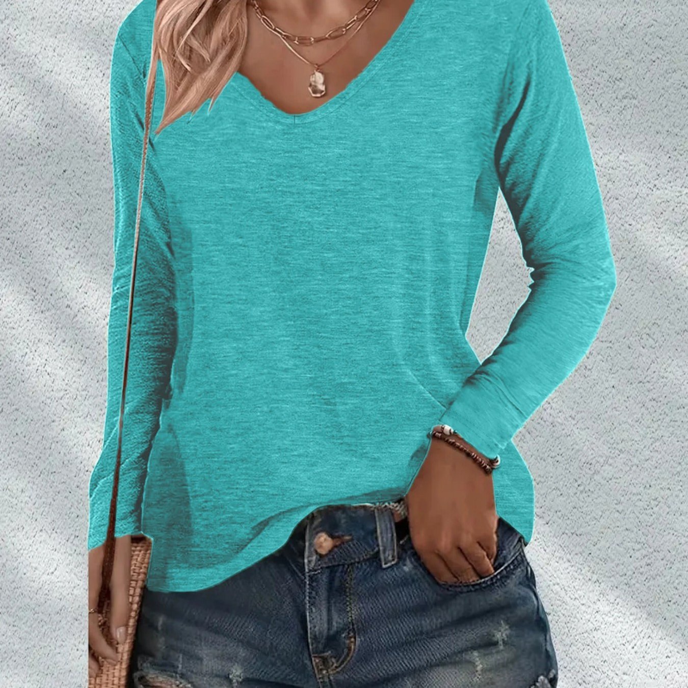 TEMU Plus Size, Women's Fashion Spring/summer New Arrival, Vintage Style, Solid Color No Print V-neck Long Sleeve, Loose Fit Casual Base Tee, For