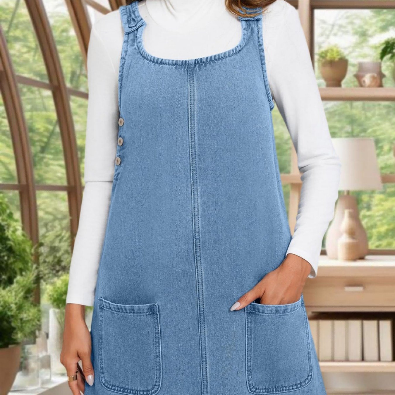 Women's Spring Summer Daily Sleeveless Casual Denim Dress Crewneck Vintage Overall Mini Dress With Pockets
