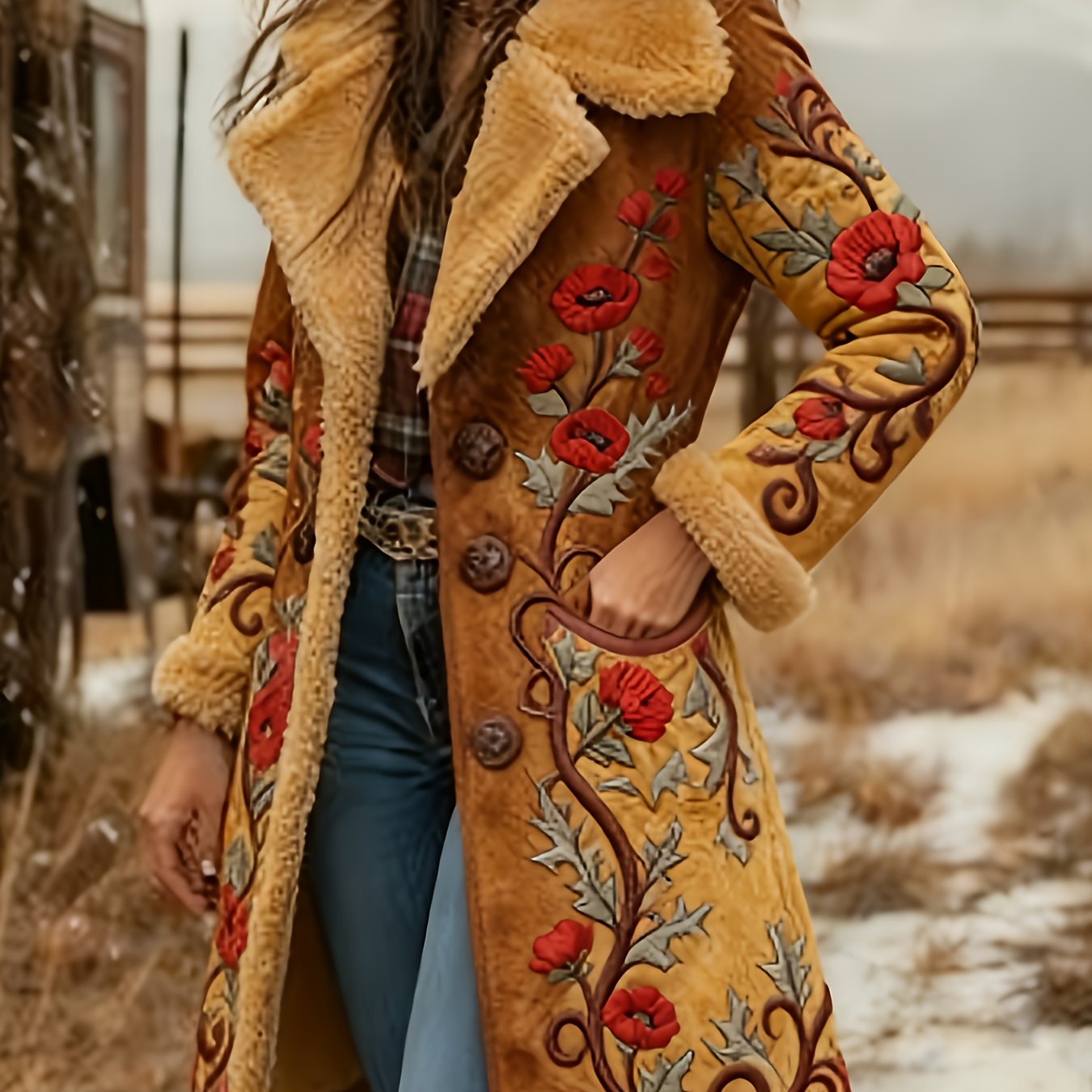 Printed Design Not Textured Ladies' Western Retro Style Autumn And Winter Warm Long-sleeved Retro Printed Jacket Coat - Western Printed Jacket Lapel Coat
