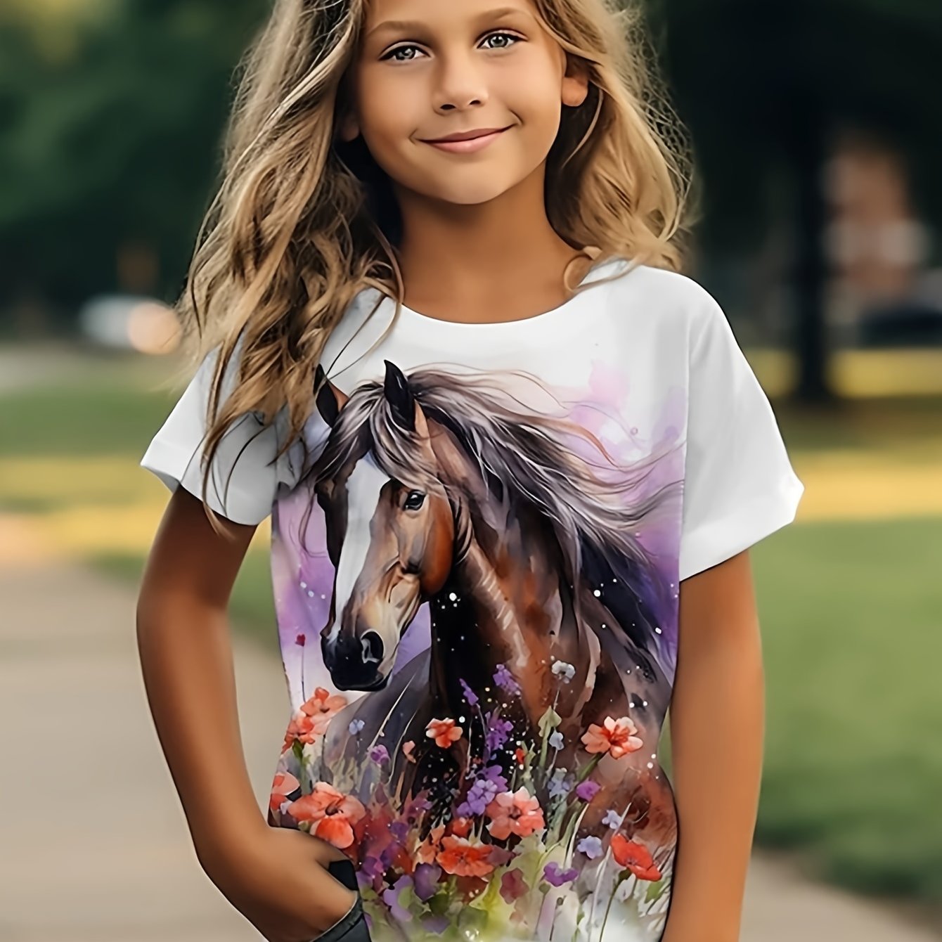 Image of Girl's Fashion Short-sleeve T-shirt With Horse Print