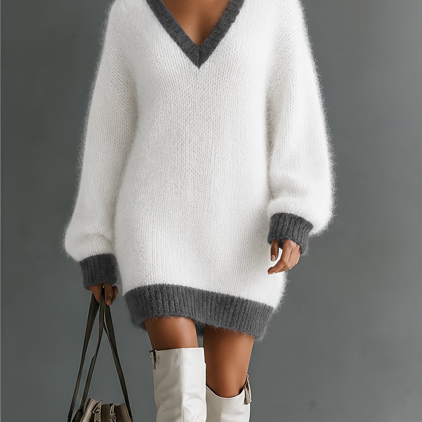 TEMU Women's Contrast Color Option Trimmed V-neck Plush Fluffy Dress, Loose Long-sleeve Pullover Dress, Autumn Winter Casual Lazy Short Dress,