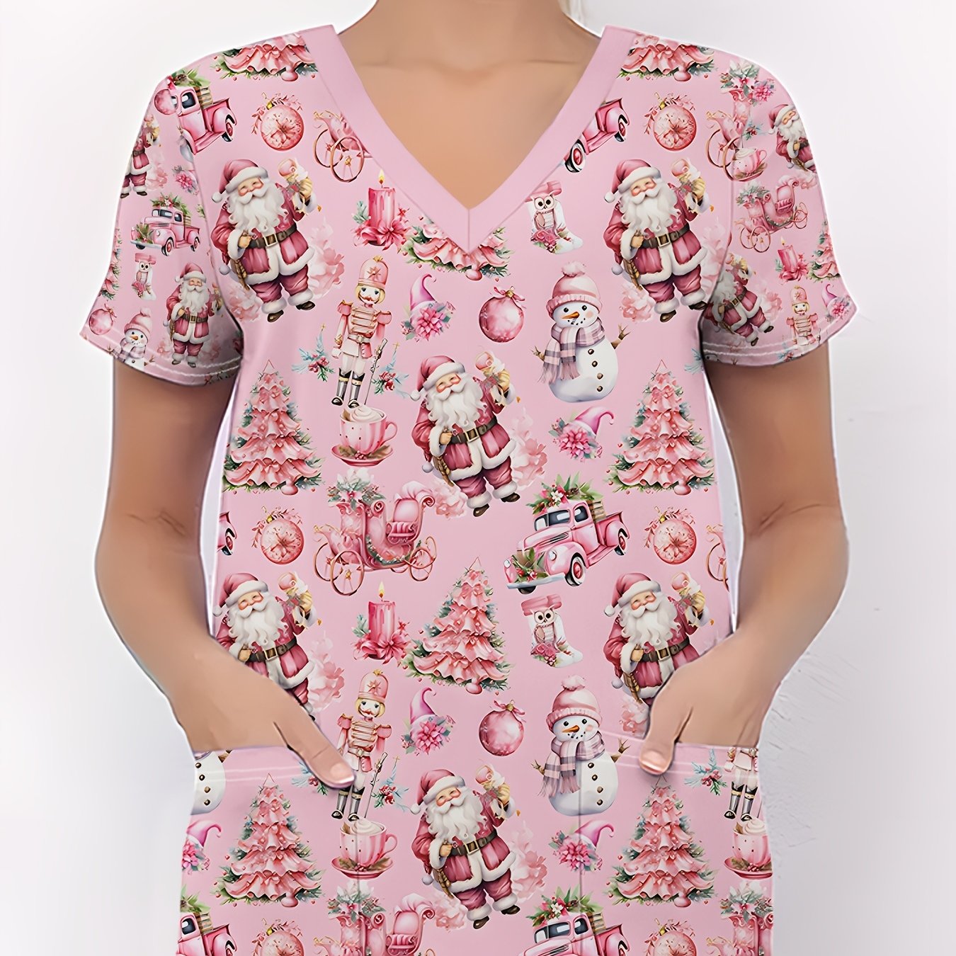 TEMU T-shirt à imprimé de Noël, Uniforme d'infirmière rose pour femme, T-shirt à col en V et manches courtes pour femme avec imprimé sur le thème de