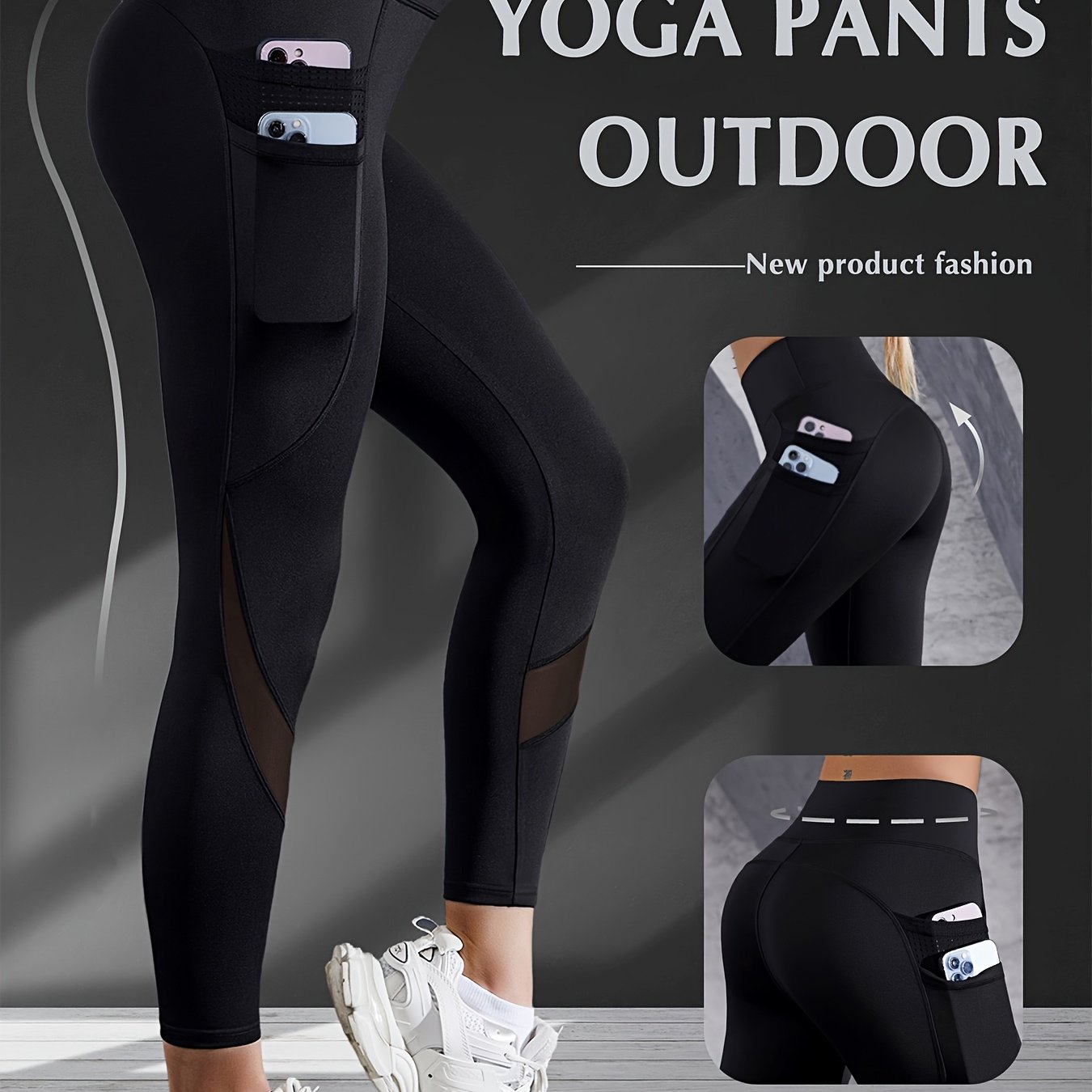 Image of Outdoor Yoga Sports High-waist Long Pants With Side Dual Pockets, Fitness Mesh Splicing Tight Women's Yoga Pants