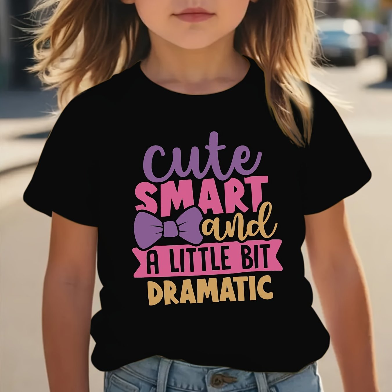 Girls' Short Sleeve T-Shirt with Dramatic Letter Print, Casual Top