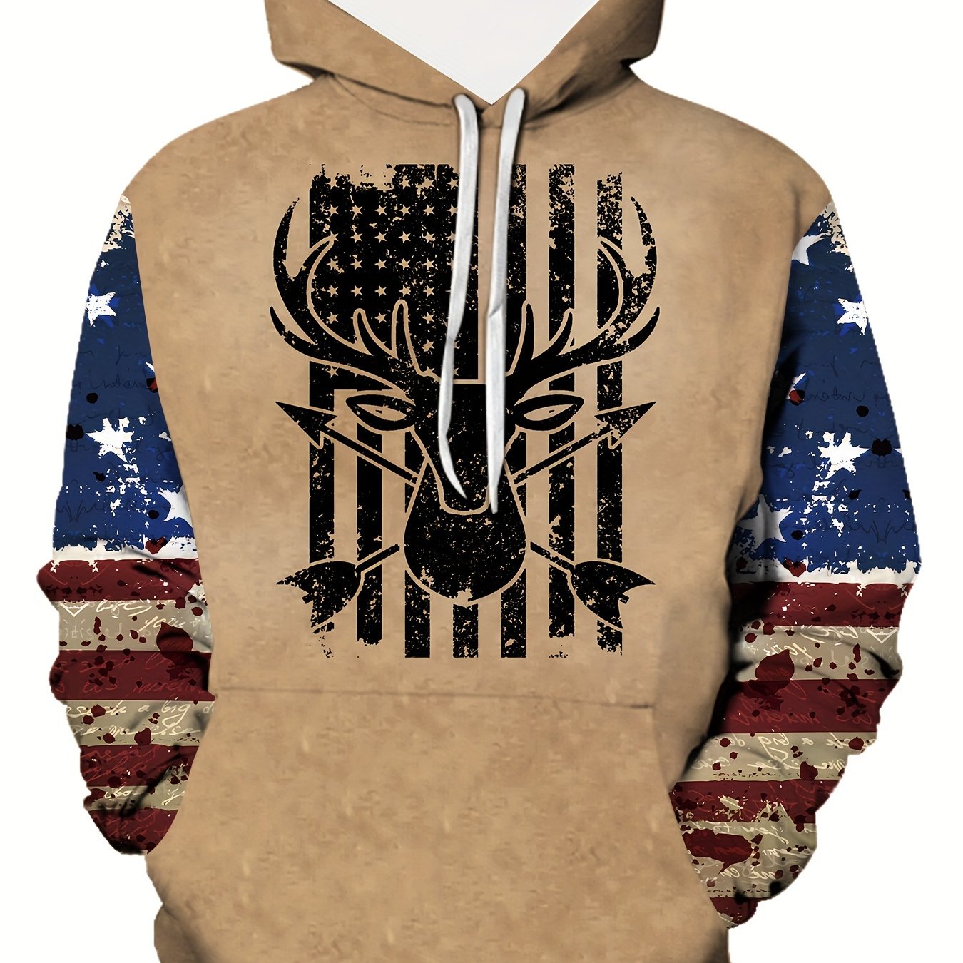 TEMU Men's Patriotic Deer Print Hoodie - Cozy Long Sleeve Pullover With Kangaroo Pocket, American , Casual Streetwear, Perfect Gift, Winter Pullover|relaxed Fit Hoodie|machine Washable