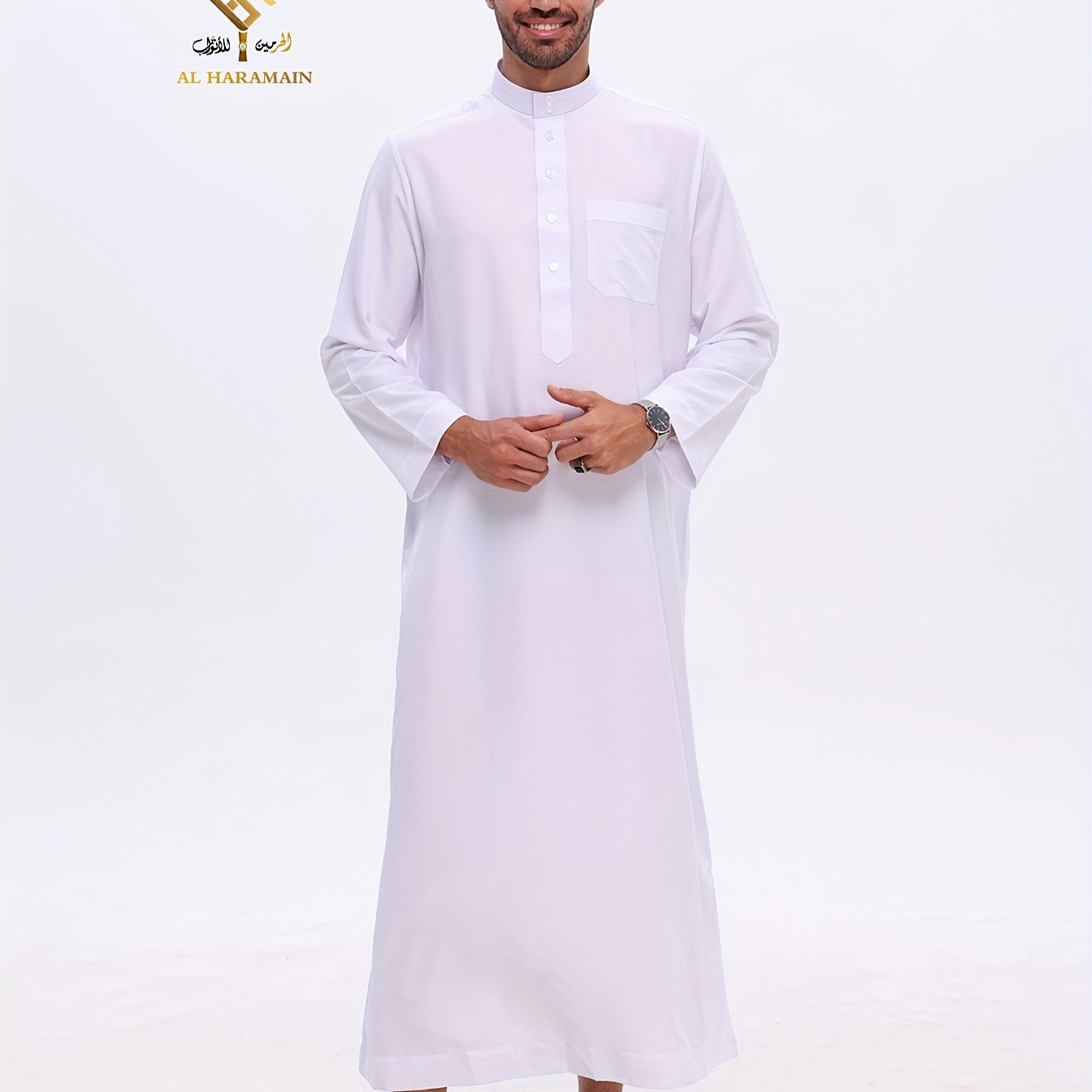 TEMU Al Men's Arabic Thobe - Soft Long Sleeve Robe With Stand Collar, Loose Fit & Machine Washable, For Ramadan, Eid, Formal & Casual Wear, Eid