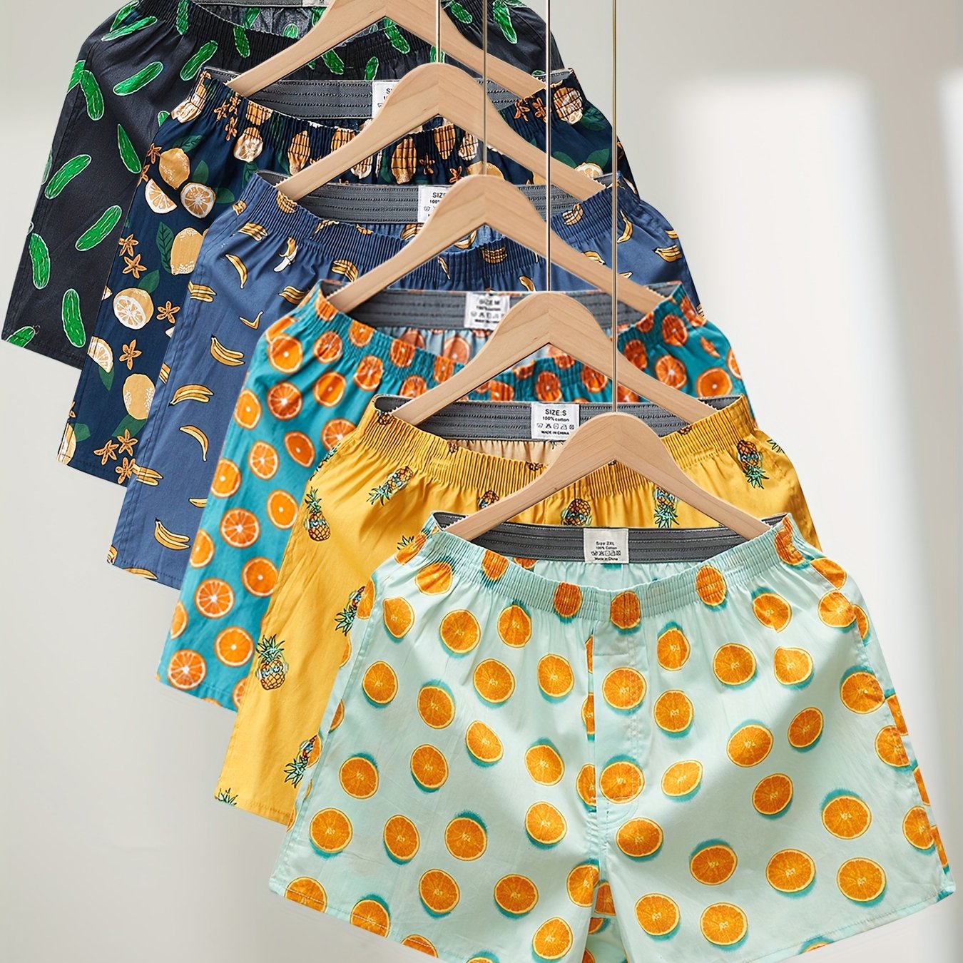 Image of 6pcs Men's Printed Aloe Pants, Fashion Fruit Pattern Cotton Shorts, Comfortable And Breathable Loose Casual Sports Outdoor Boxer Shorts, Daily Versatile Home Sleeping Pants