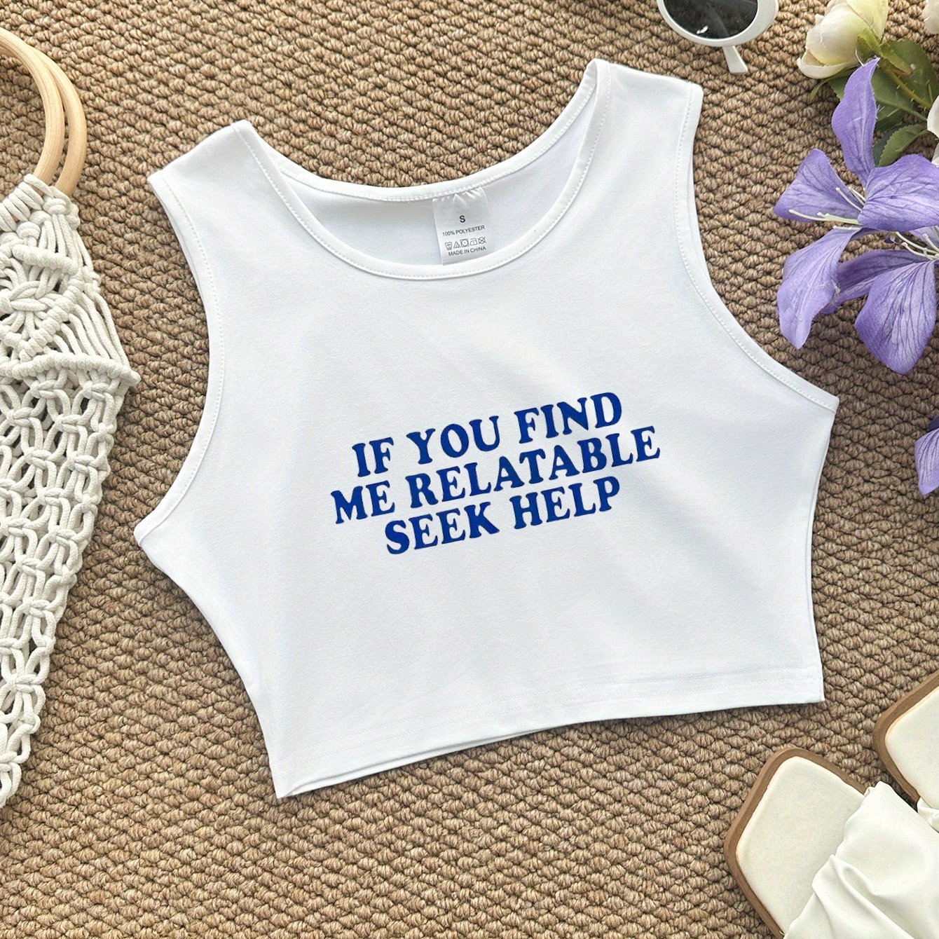 TEMU English Print Crop Tank Top, Sleeveless Casual Top For Summer & Spring, Women's Clothing