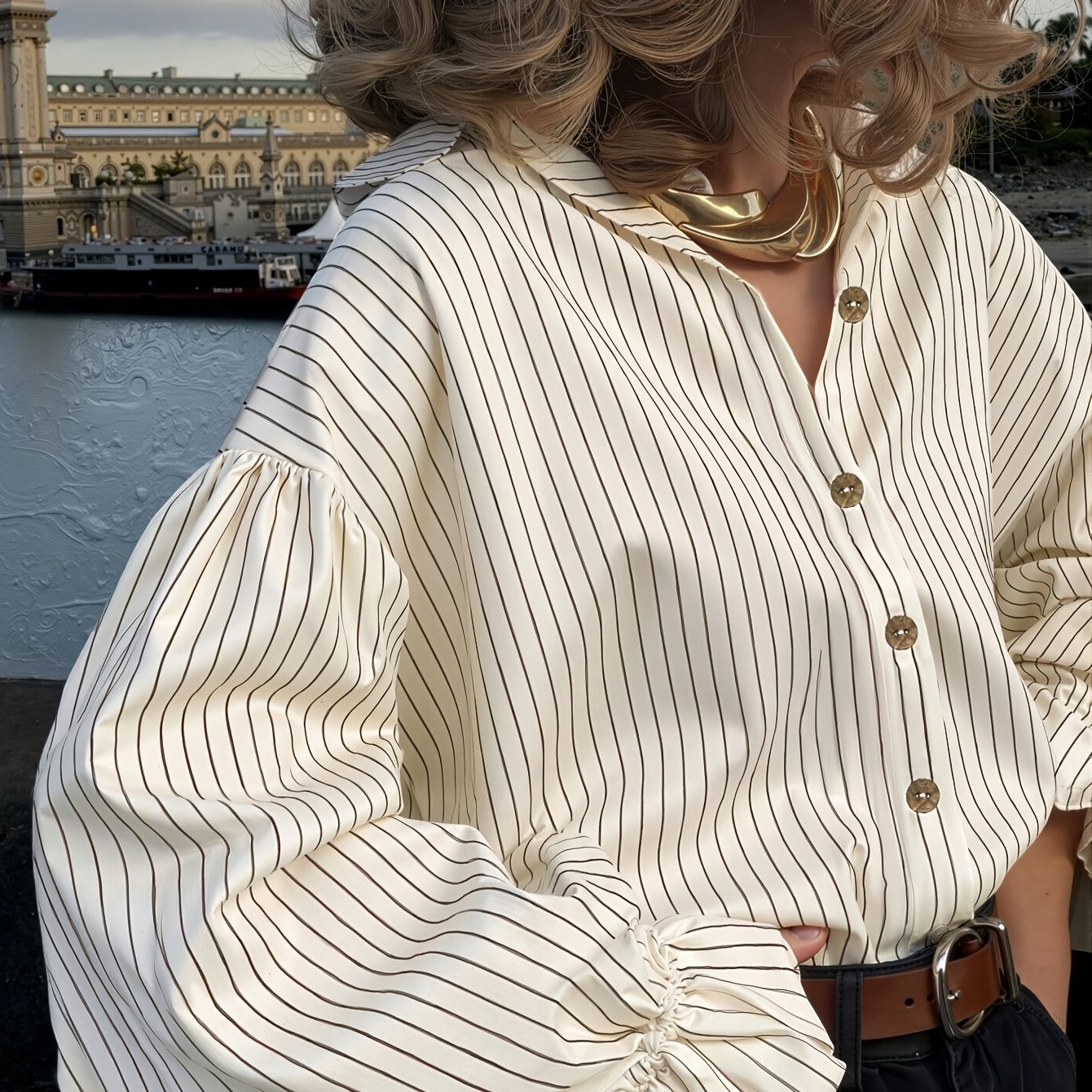 TEMU Women's Striped -season Long Sleeve Shirt Elegant Casual Party Versatile High-end Flared Sleeve Top