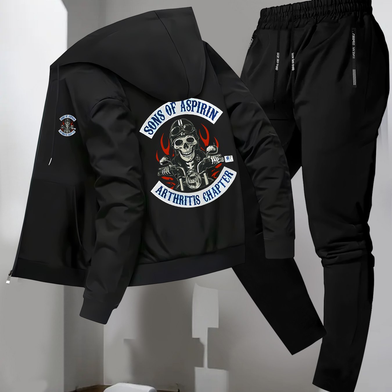 TEMU Skull Motorcycle Business Outfit, Men's Trendy Autumn And Winter Hooded Jacket Two-piece Set, Youth Casual Sports Baseball Jacket With Collar