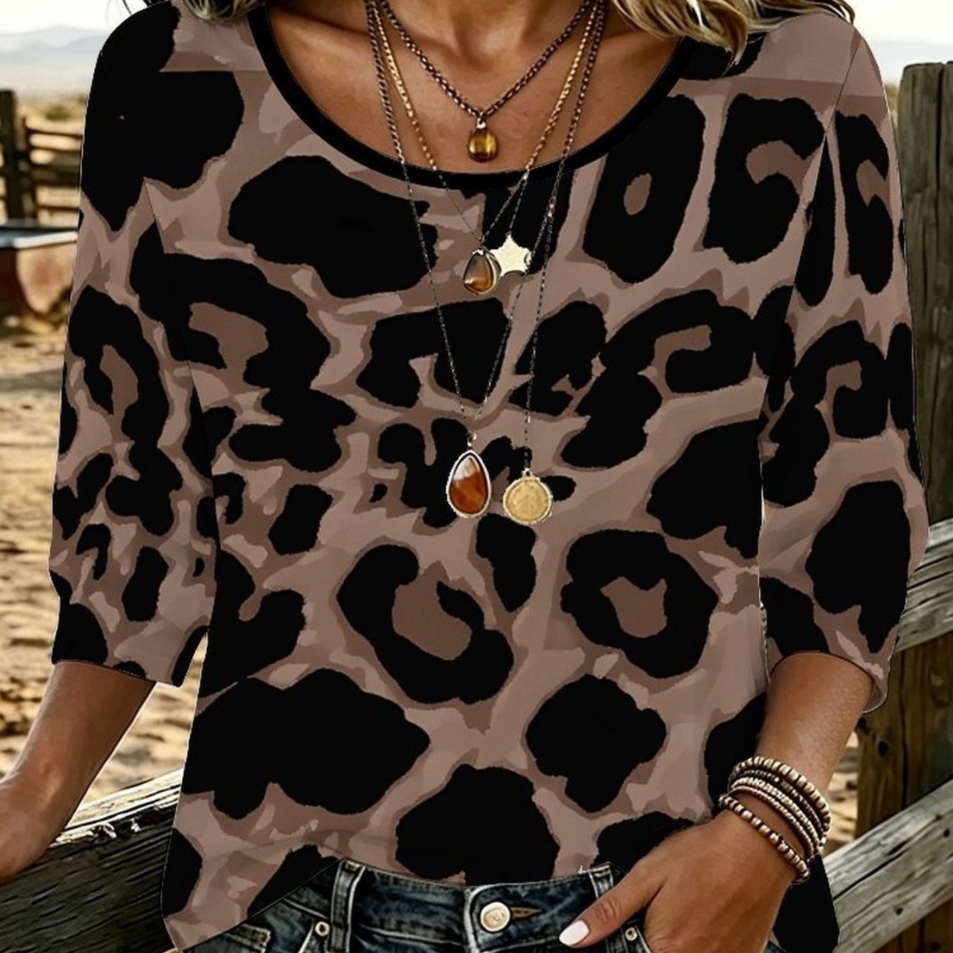 Image of Women's Casual Sporty Off-shoulder Wide Round Neck 3/4 Sleeve T-shirt, Leopard Print Top For Party, Date, And Daily Wear