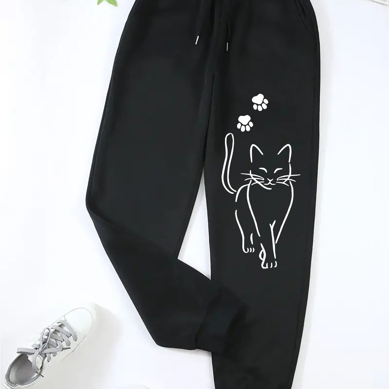 TEMU Plus Size - Plus Size - Plus-size Women's Casual Joggers With Drawstring - Made From 100% Fabric, Loose-fitting Pants Feature A Cute Cat Print,