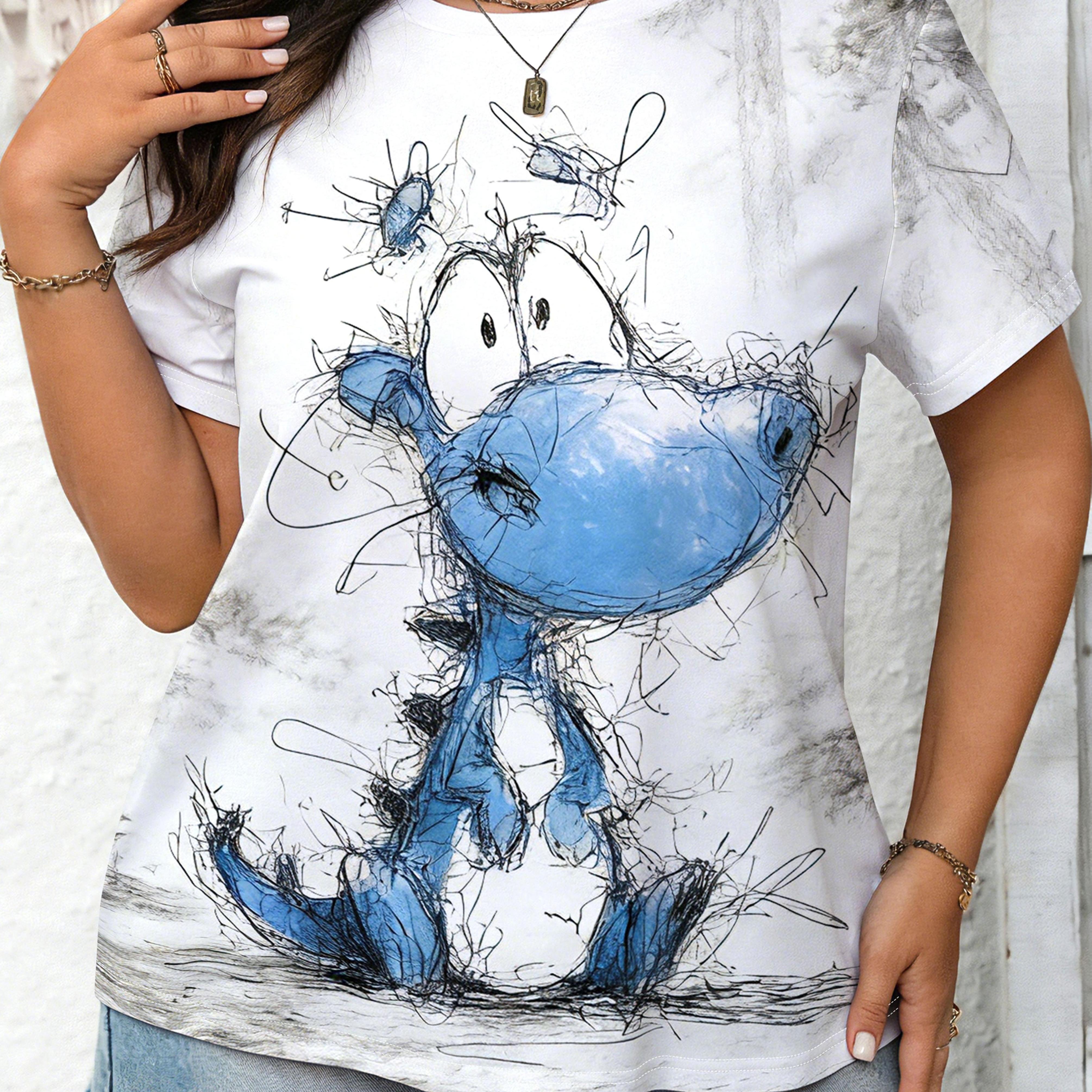 Image of Plus Size Women's Drawing Cute Dragon Print Artistic Trendy Round Neck Short Sleeve Fabric Soft Comfortable Machine Washable Top Suitable For Casual Wear Or Gifting