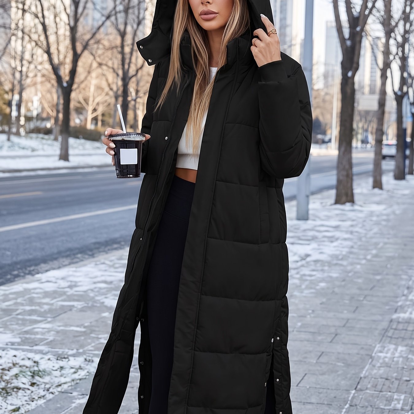 TEMU 2026 Winter Long Warm Thickened Coat Solid Color Versatile Fashion Easy Puffer Jacket