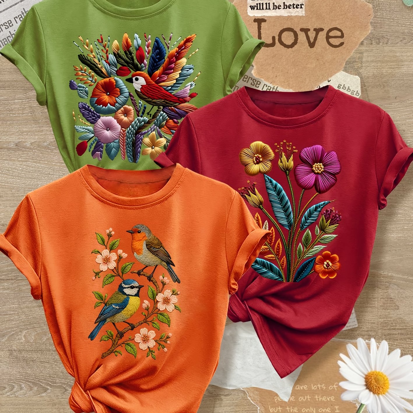 TEMU 2026 New Style Women's Short Sleeve T-shirt 3pcs Set Zhirongshan Sparrow Floral Print Spring Summer Autumn Elegant Versatile Casual Sporty Round