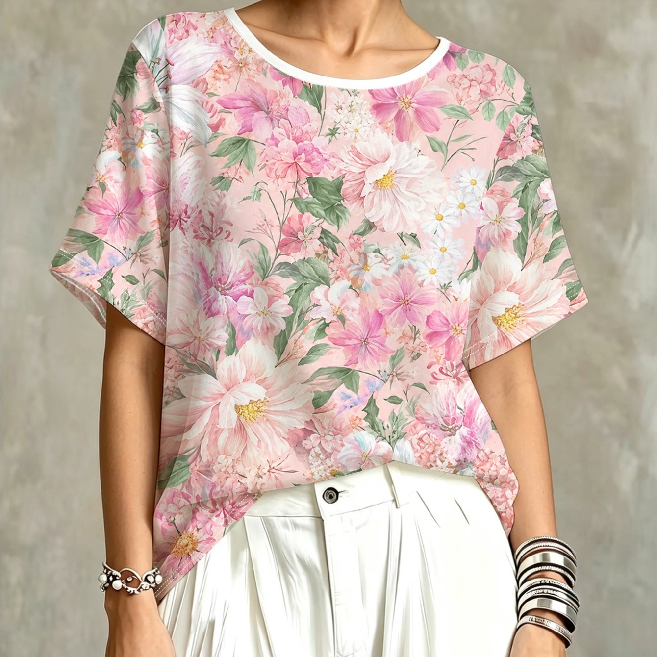 TEMU Plus Size Women's Round Neck Stretch T-shirt, Loose Short Sleeve For Inner And Outer Wear, Romantic Oil Painting Style Large Floral Pattern,