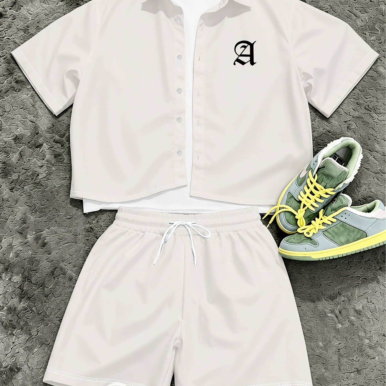 TEMU Men's Short-sleeve Shirt And Shorts Set, Summer New Style Lapel Single-button Open Vest Top And Elastic Waist Drawstring Casual Athletic Bermuda