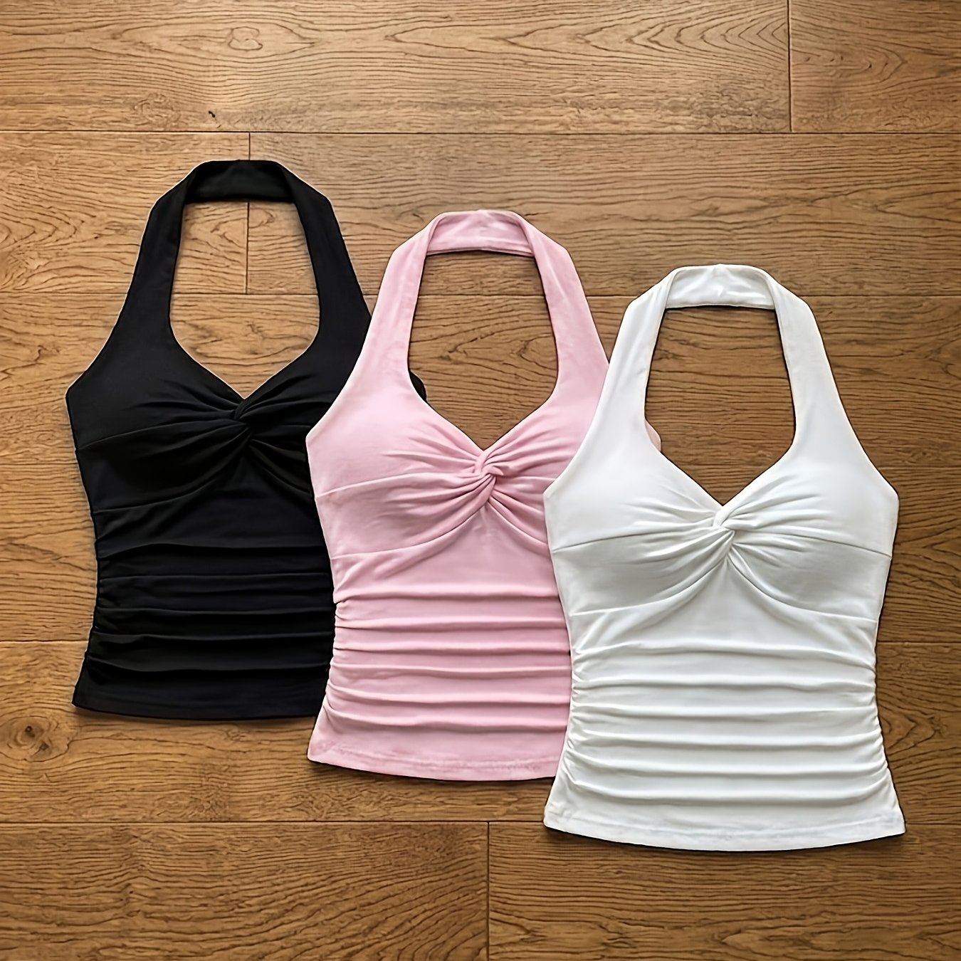 TEMU Women 3pcs Set Of Twisted Halter Tops, V-neck Sleeveless Stretch Vest, Suitable For Casual And Streetwear