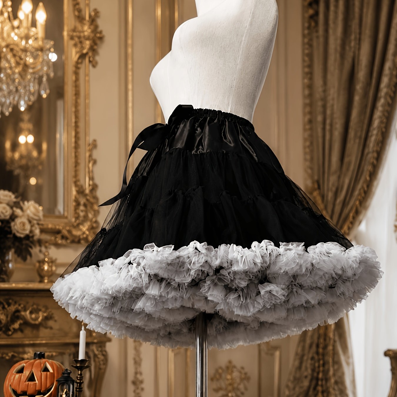 TEMU Halloween Black And White Contrasting Mesh Fluffy Skirt, Super Support Cloud Tutu Skirt, Sweet And Cool White Half Skirt, Suitable For Festivals