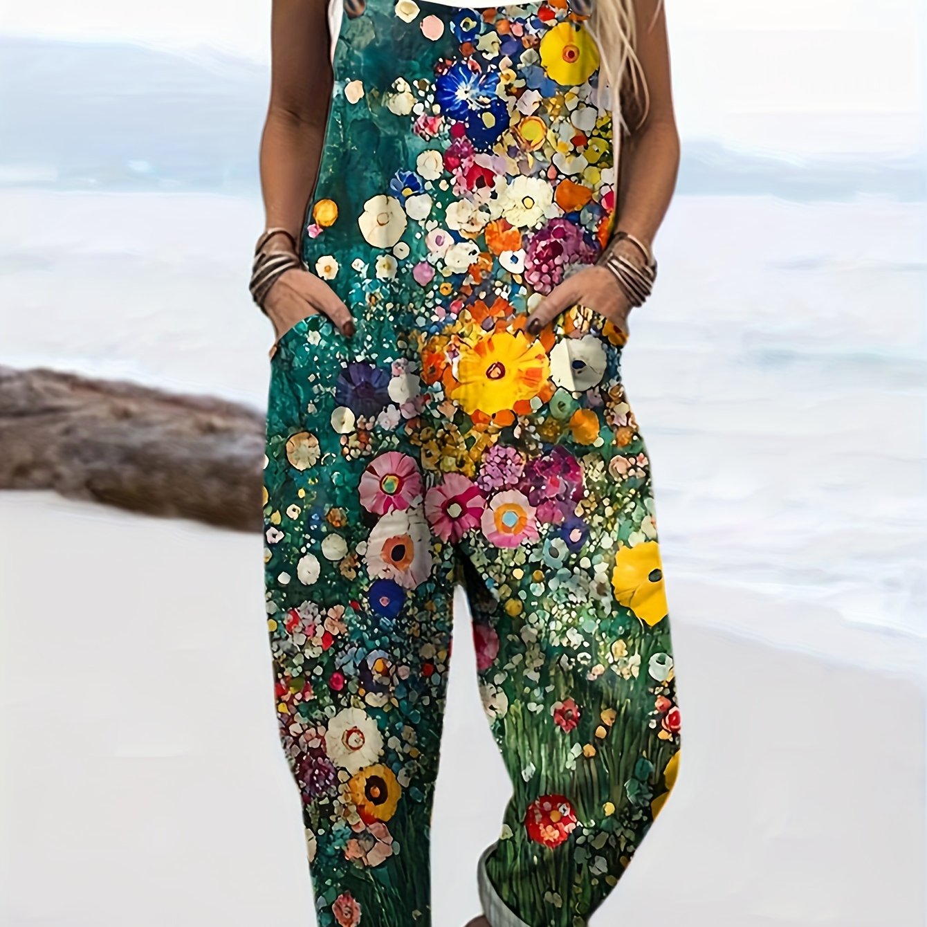Fashionable And Versatile Home Suspender Jumpsuit - Floral 0472