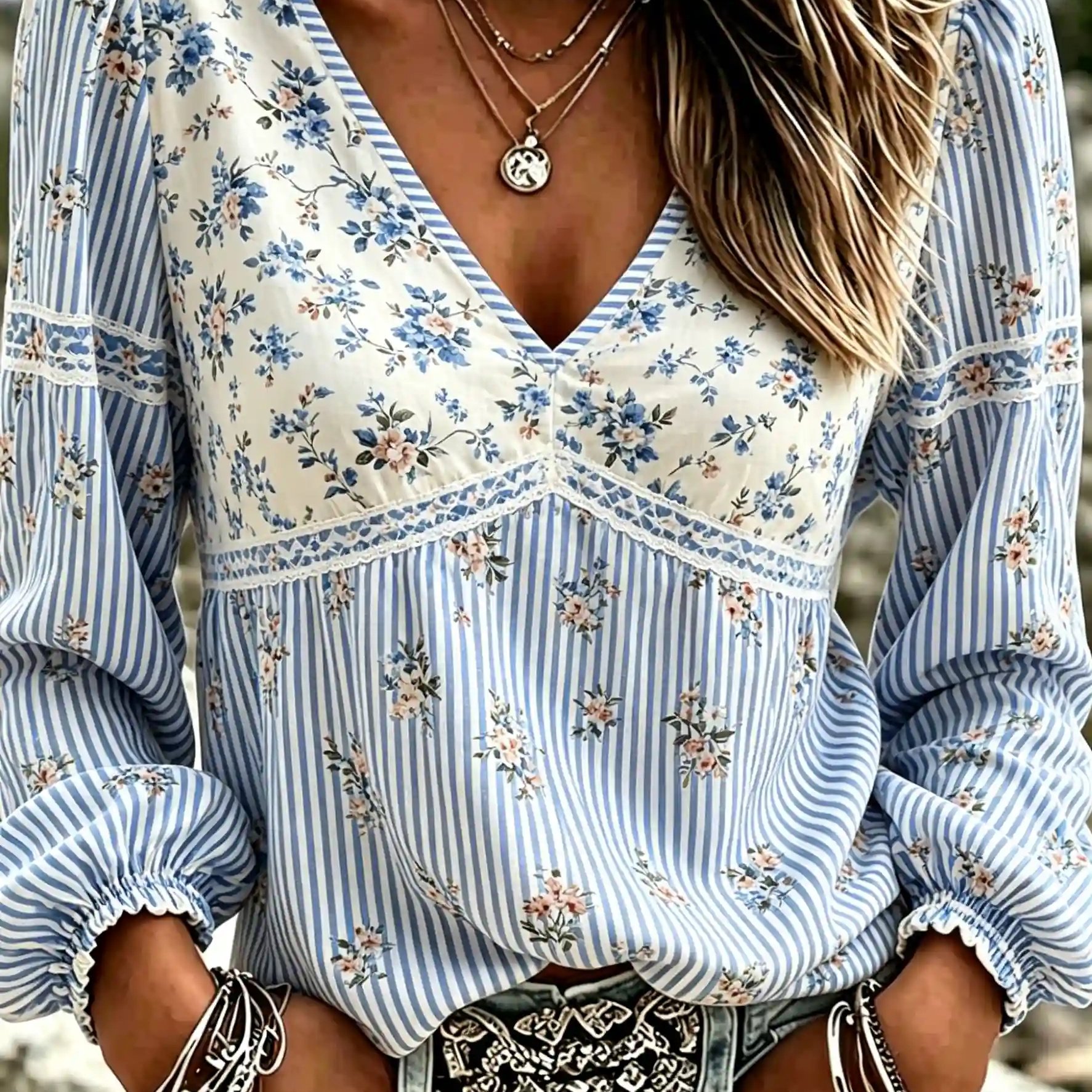 Floral Print V-neck Blouse, Blue And White Striped With Floral Pattern, Casual Summer Top For Women, Boho Style Outfit