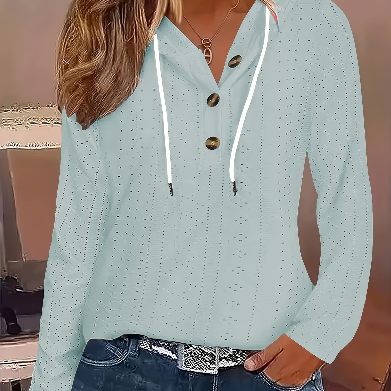 TEMU Women's Casual Small Hole Embroidery Long Sleeve Hooded Button-up Loose Top