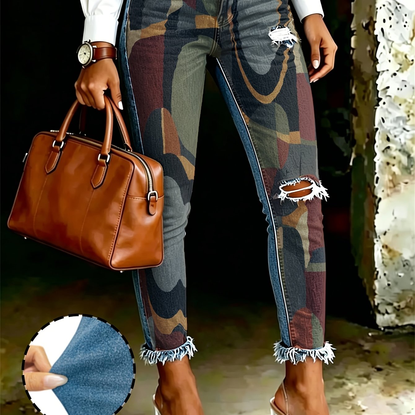 TEMU Blue Denim Fabric Abstract Geometric Colorful Design Printed Craft Skinny Jeans Versatile For Daily Wear Women's Long Denim Trousers