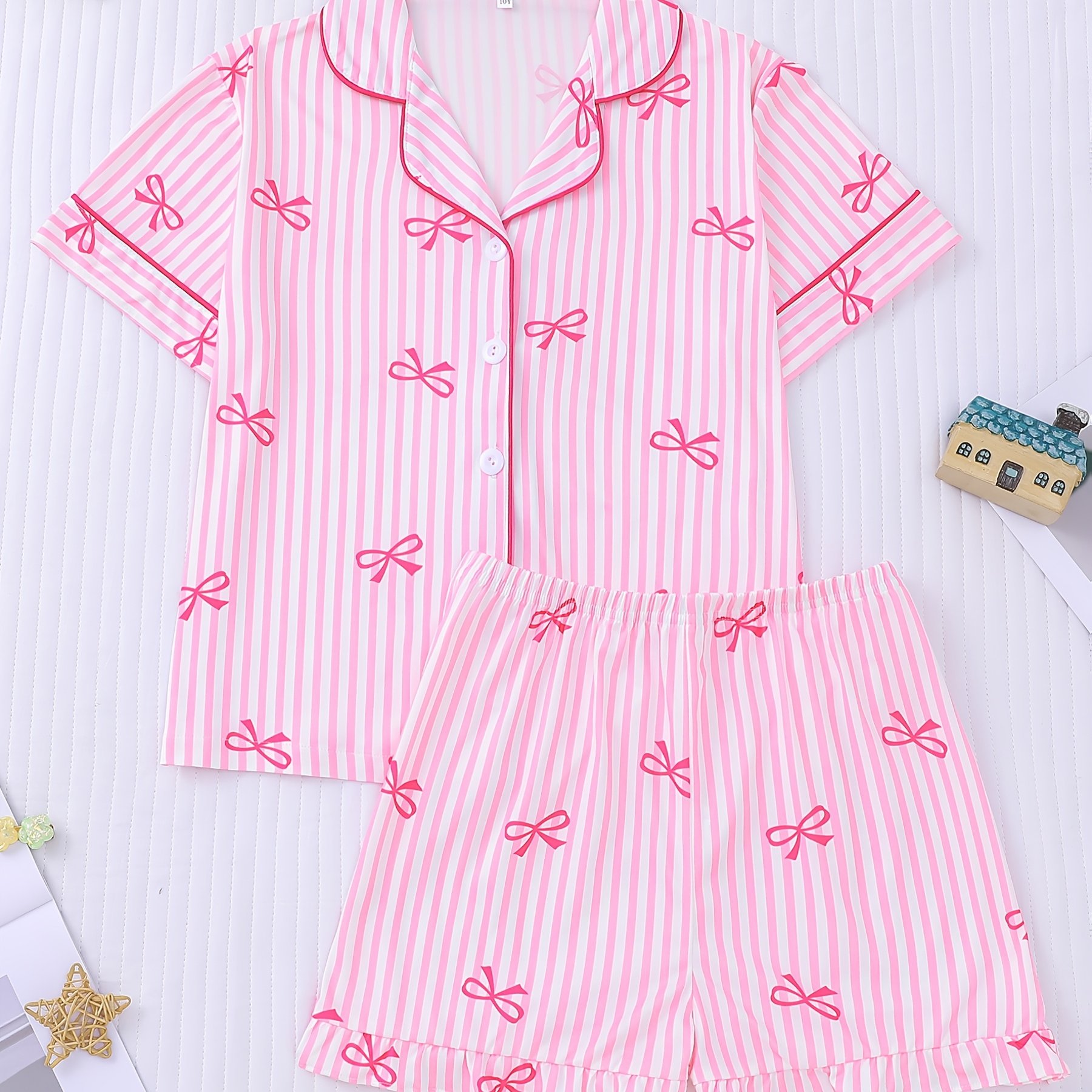Image of Pink Vertical Stripes Bow Summer ' Medium And Large Pajamas Sweet Bow Print Collar Cardigan Short Sleeves Short Pants Clothes 2 Sets