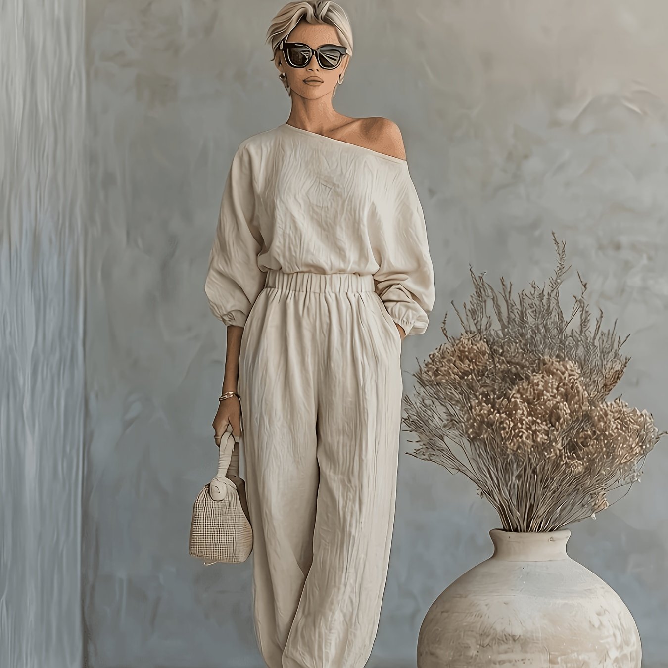 E-shop Elegantes Damen-Set im französischen Urlaubsstil, schulterfreies Outfit mit lockerer Flügelform, Leinenstruktur, schräg geschnittenes Oberteil +