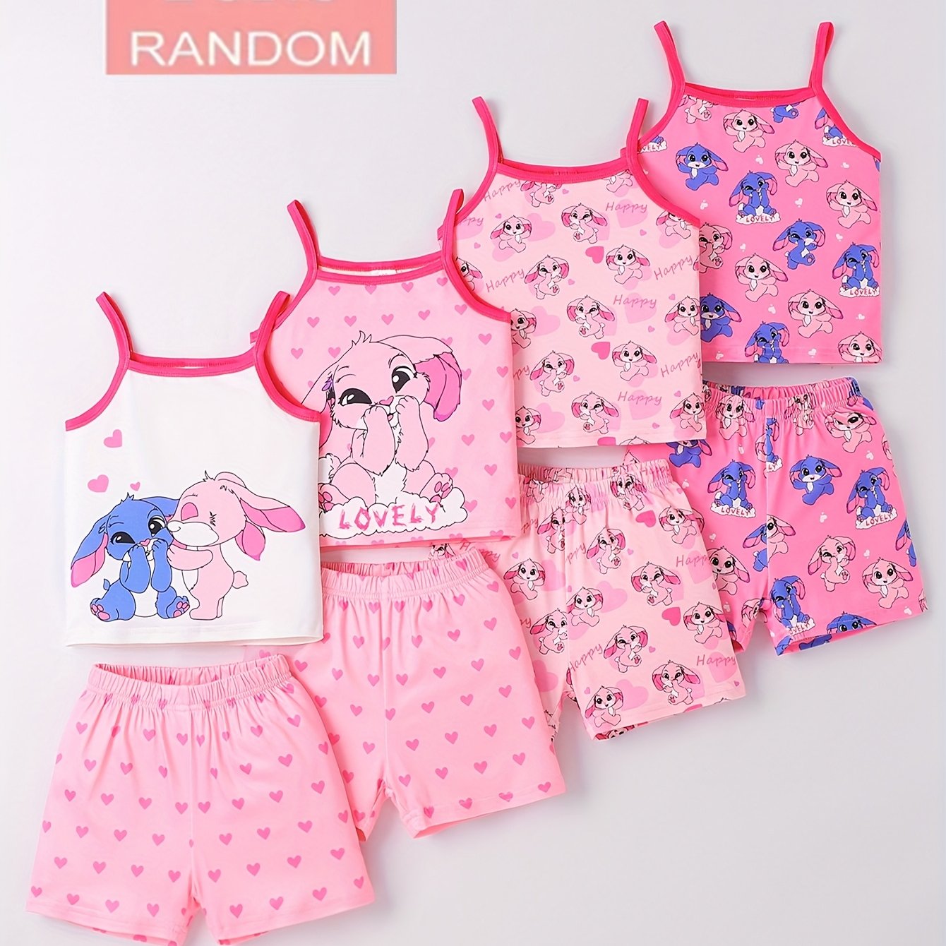 Image of Summer Girls' Random 2-pack Pajama Set, Cute Cartoon Rabbit And Heart Print Camisole Top + Shorts, Comfortable Polyester Fiber Fabric 1615 Flame Retardancy Test,halloween