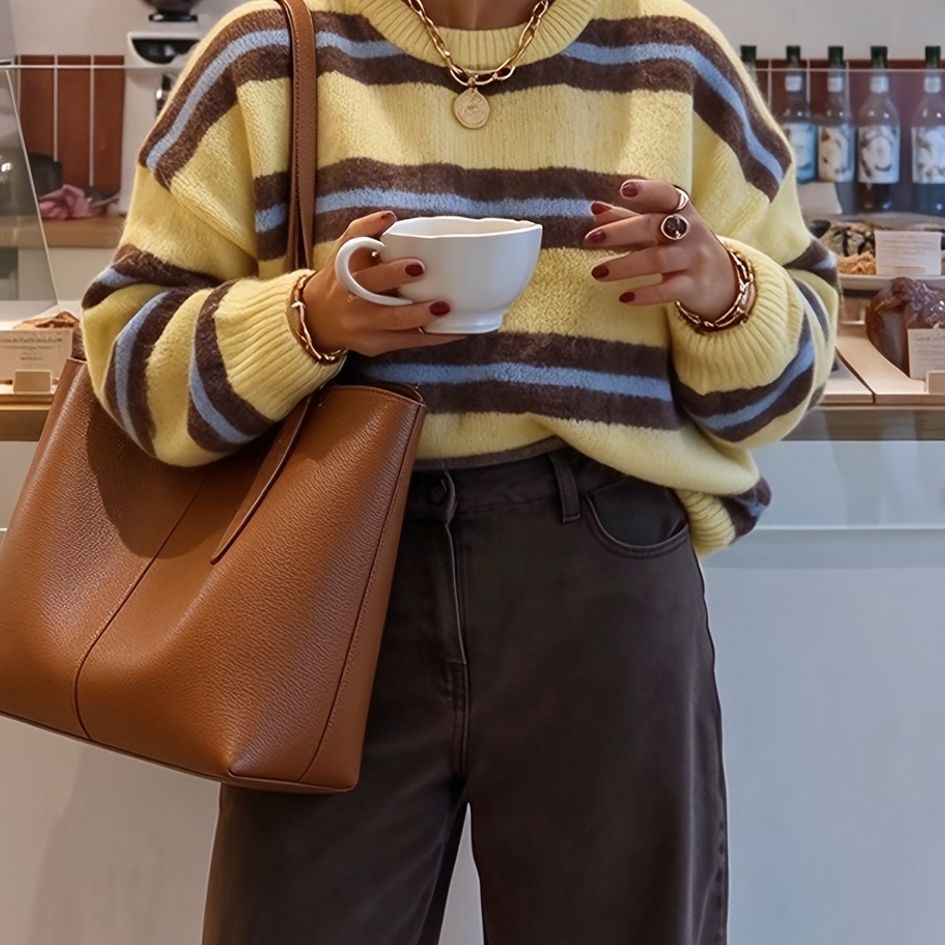 TEMU Lässiger Damen Retro Streifenpullover mit Rundhalsausschnitt, lockerer Herbst Winter Strickpullover im lässigen Stil, vielseitiges