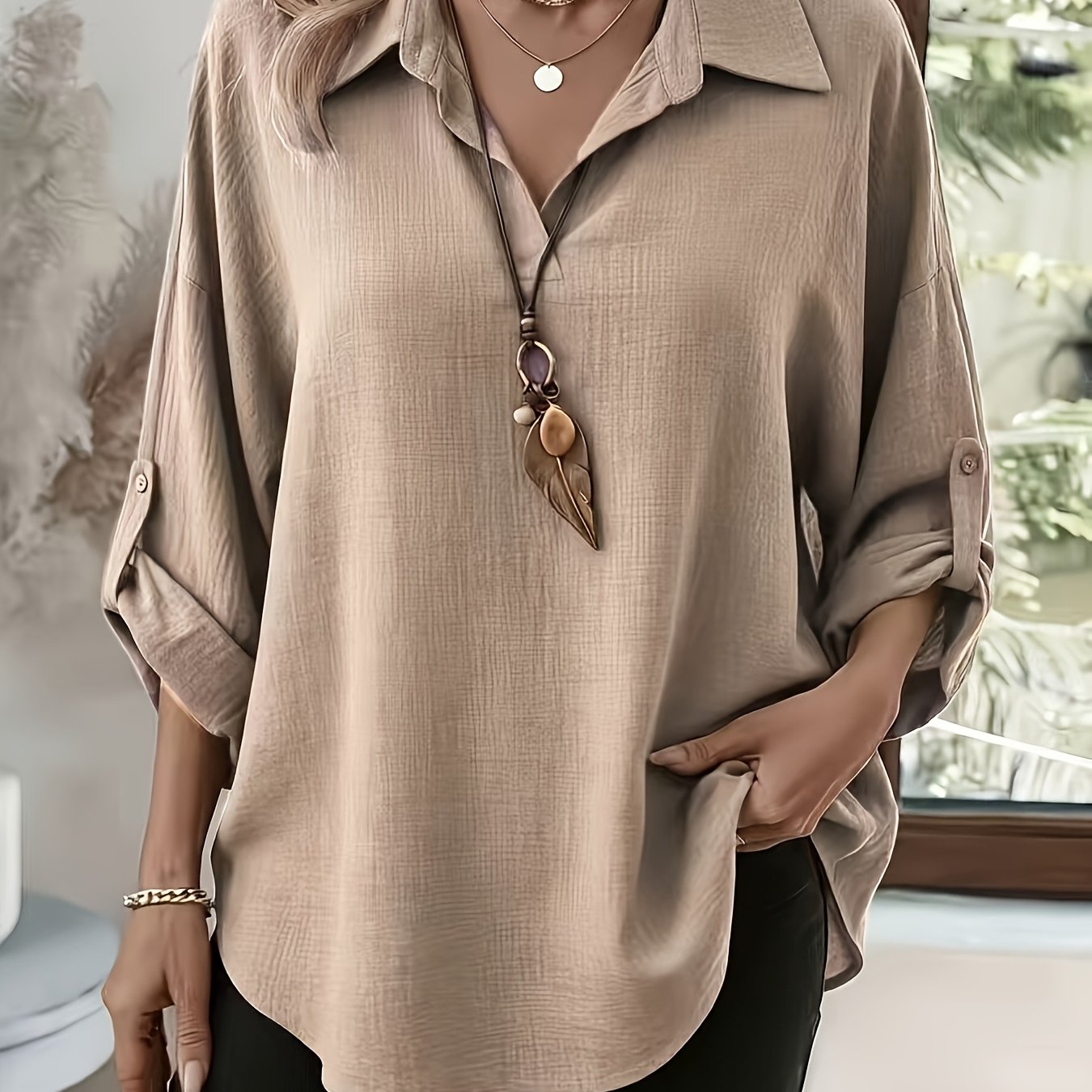TEMU Women' Solid Color Lapel Shirt With Adjustable Cuffs, Loose Fit Casual Drop Shoulder V-neck Pullover Top For Daily Commuting Wear