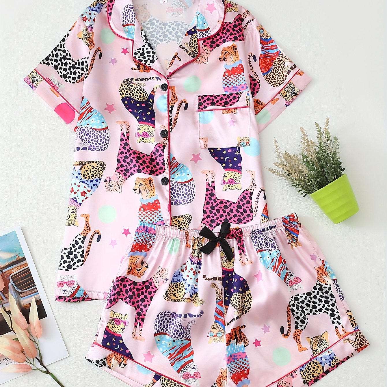 E-shop Leopardenmuster Kurzarm- und Shorts-Pyjama-Set für Teenager, für Teenager, für Teenager