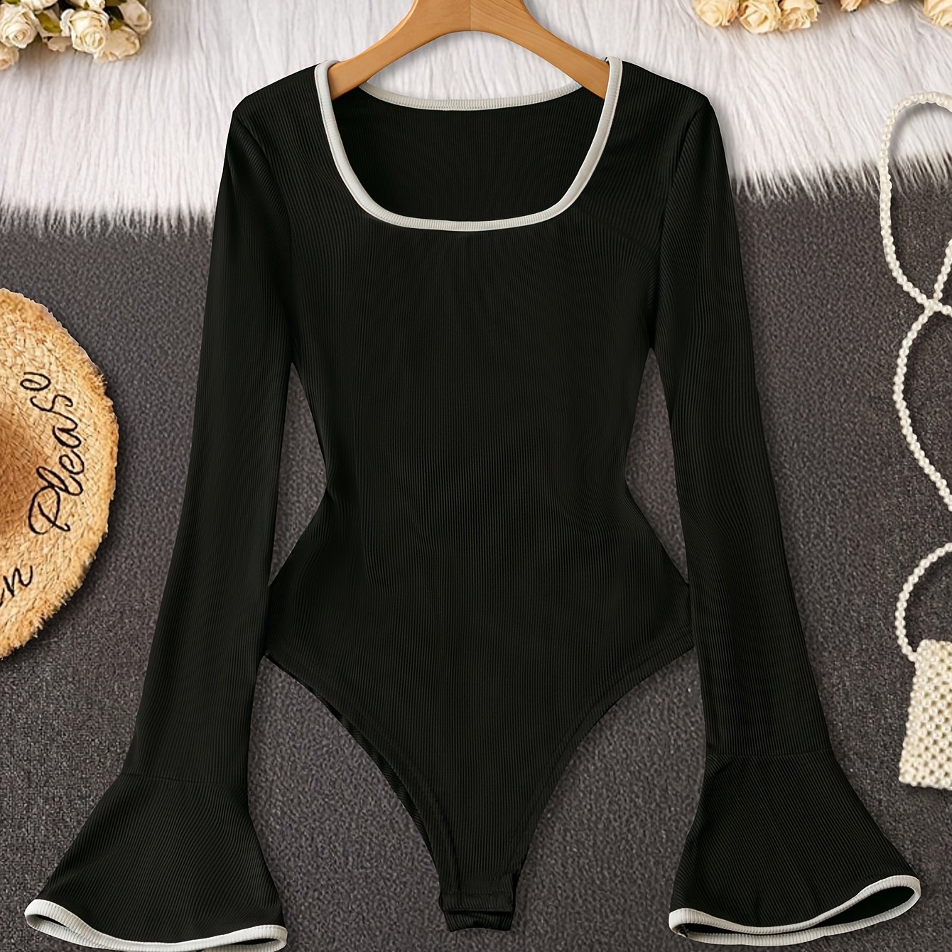 TEMU Елегантен Дамски Топ с Камарилка и Звънчести Ръкави - Еластична Черна Блуза, Подходяща за Пране в Пералня и Химическо Чистене, Универсално